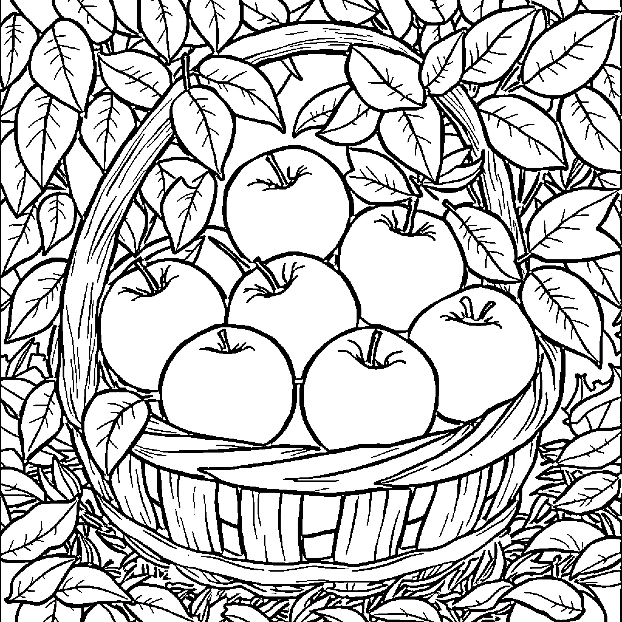 Apple Basket Surrounded by Lush Foliage Coloring Page (free black-and-white line drawing printable PDF for all, from beginners to advanced learners, including children, teens, adults, and seniors)