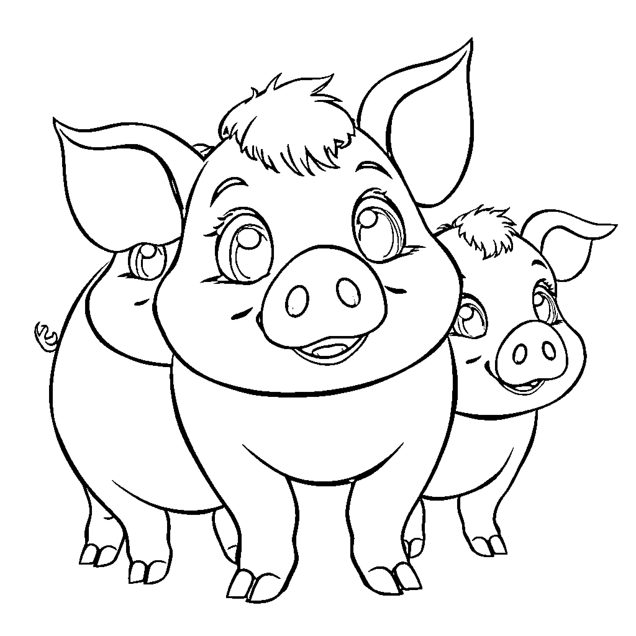 Pig friends having fun Coloring Page (free black-and-white line drawing printable PDF for all, from beginners to advanced learners, including children, teens, adults, and seniors)