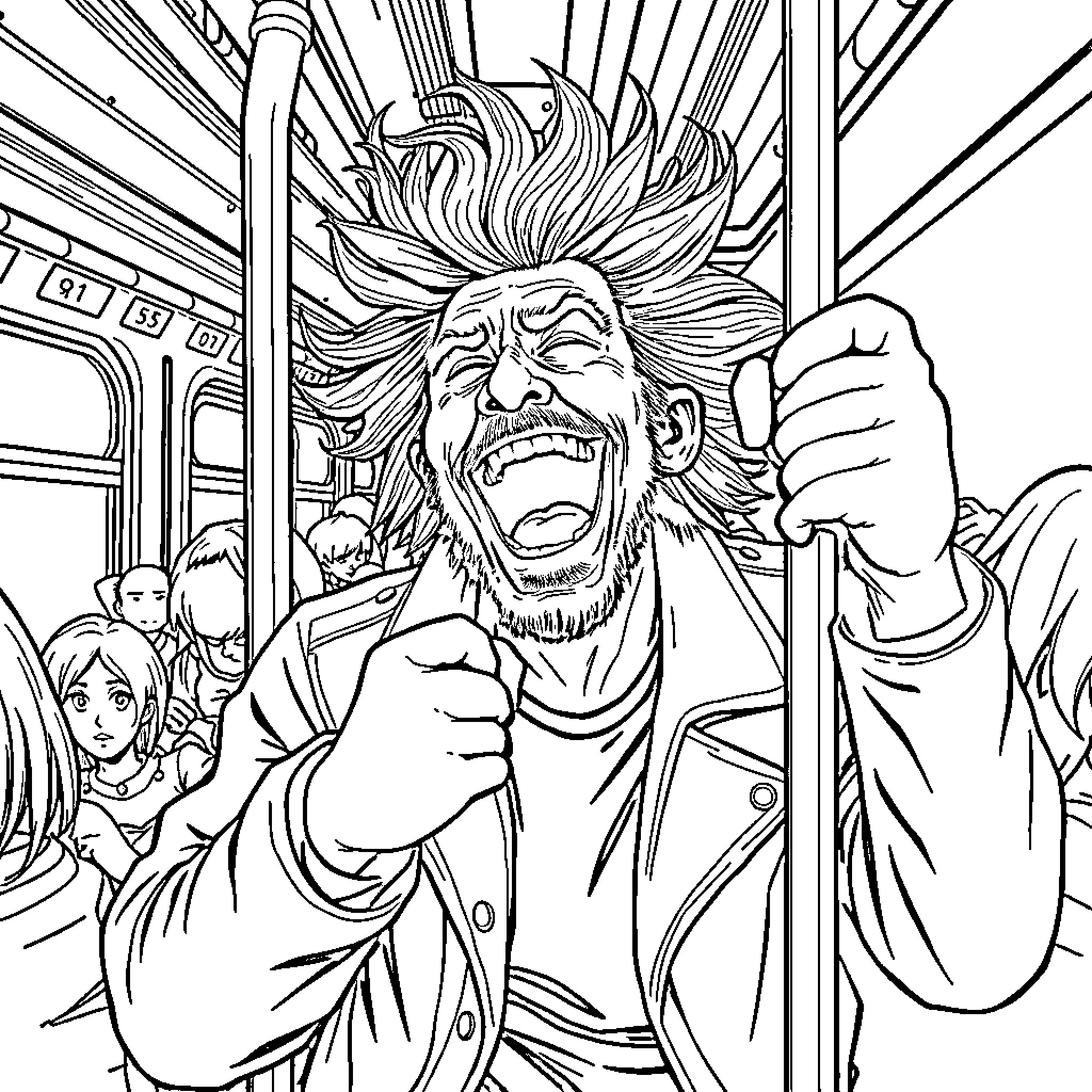 Man shouting passionately on the bus Coloring Page (free black-and-white line drawing printable PDF for all, from beginners to advanced learners, including children, teens, adults, and seniors)