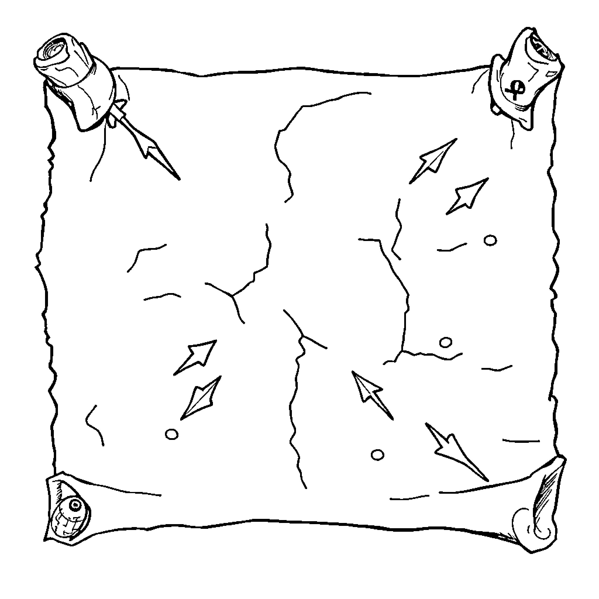 Treasure Map with Mysterious Symbols and Arrows Coloring Page (free black-and-white line drawing printable PDF for all, from beginners to advanced learners, including children, teens, adults, and seniors)