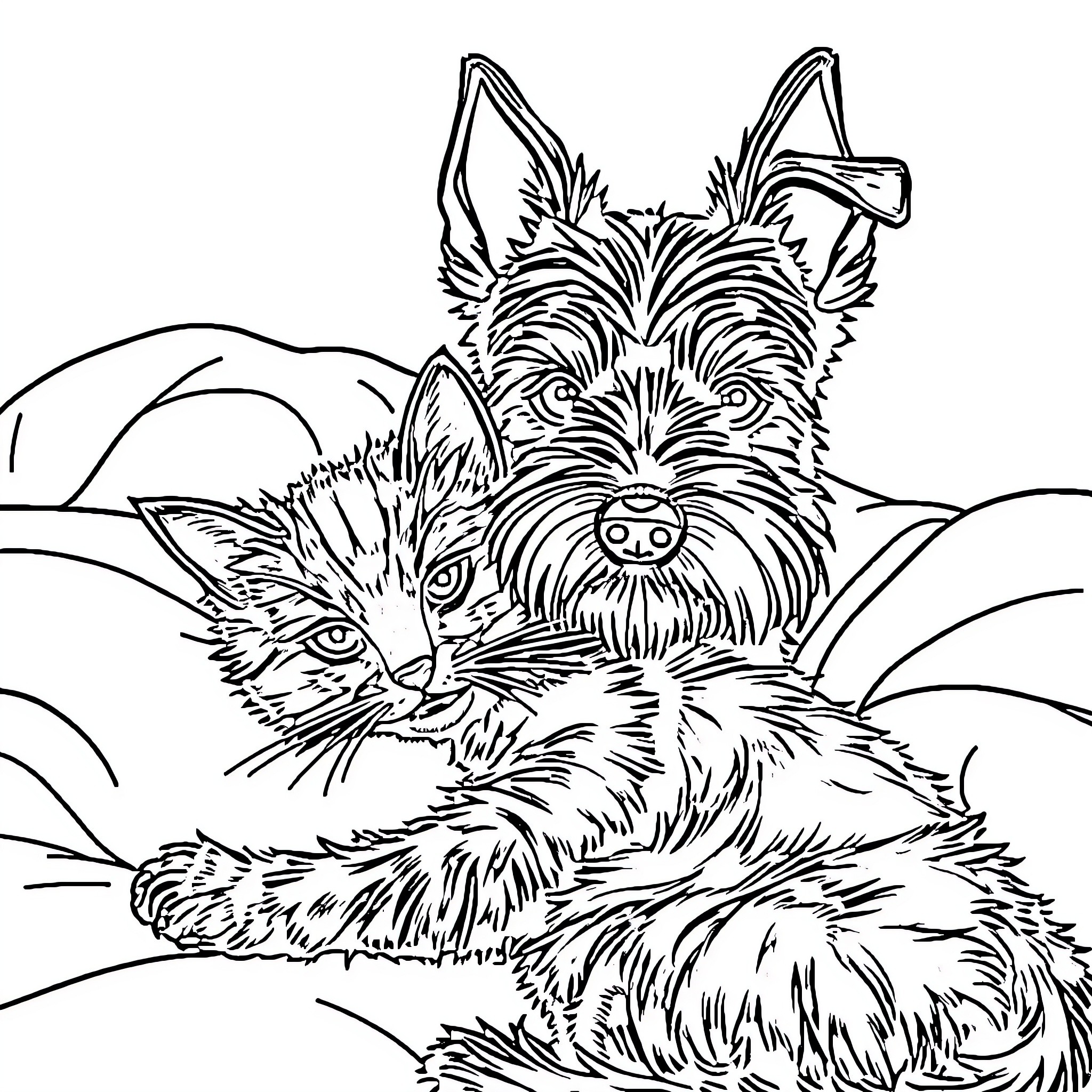 Schnauzer and cat playing in the countryside Coloring Page (free black-and-white line drawing printable PDF for all, from beginners to advanced learners, including children, teens, adults, and seniors)