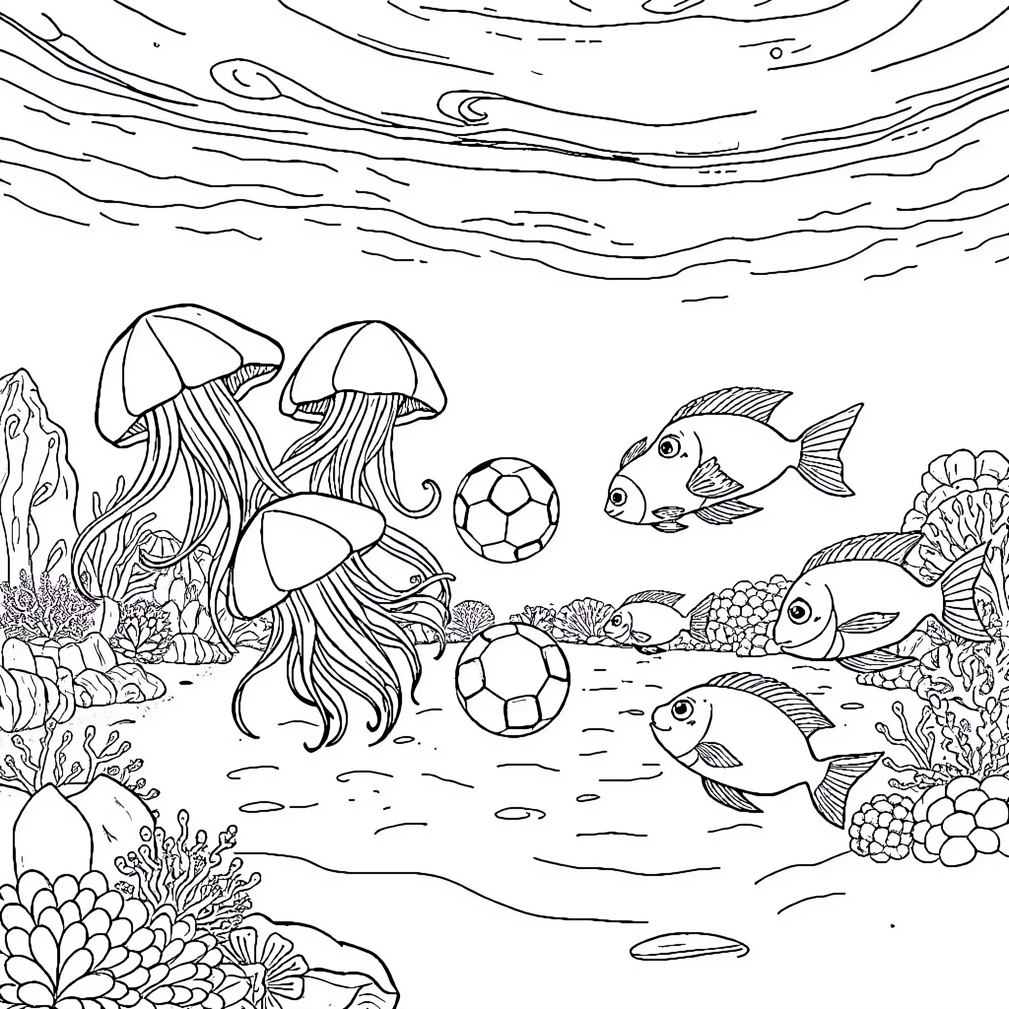 Jellyfish and fish playing in the underwater world Coloring Page (free black-and-white line drawing printable PDF for all, from beginners to advanced learners, including children, teens, adults, and seniors)