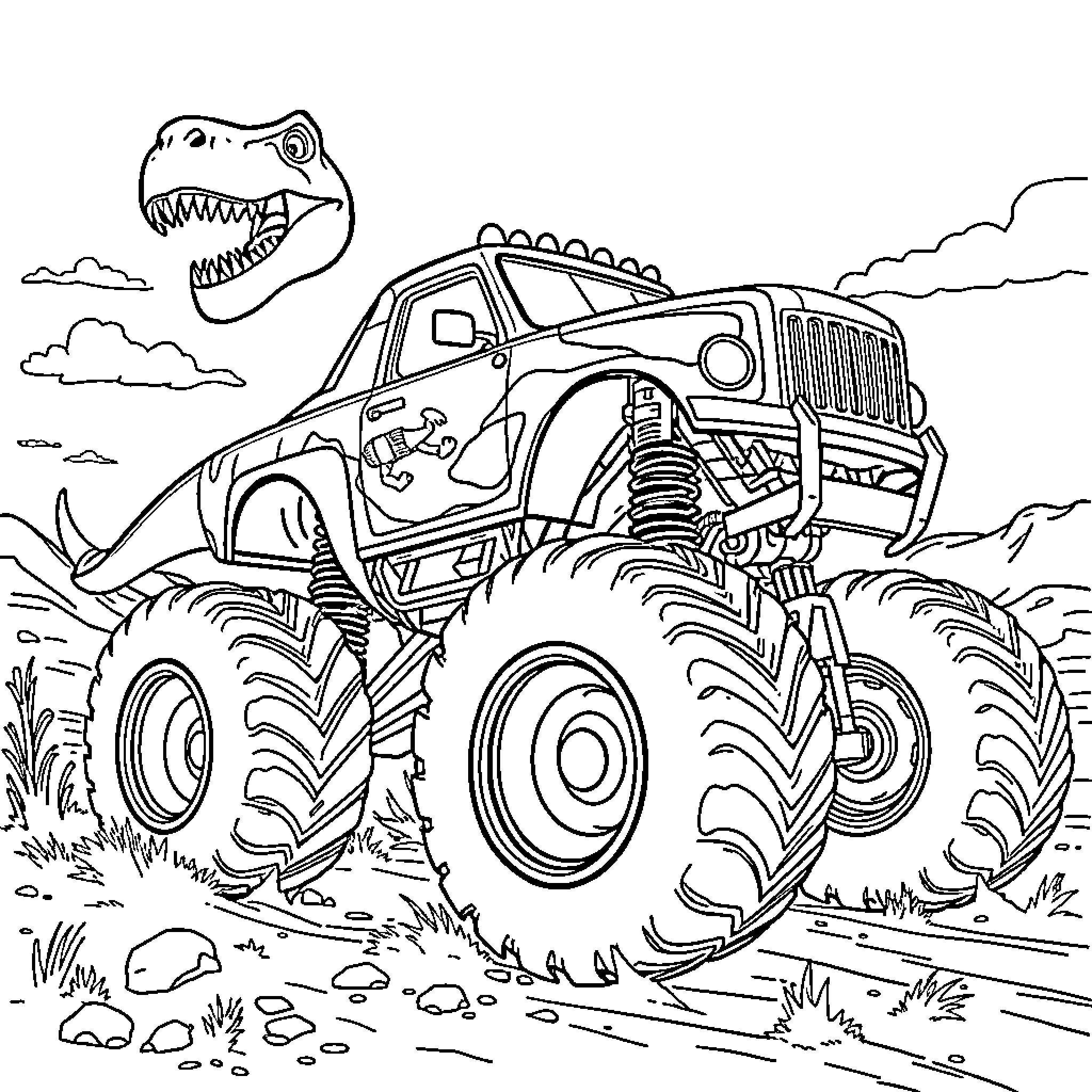Dinosaur Monster Truck Roaming on Rugged Terrain Coloring Page (free black-and-white line drawing printable PDF for all, from beginners to advanced learners, including children, teens, adults, and seniors)