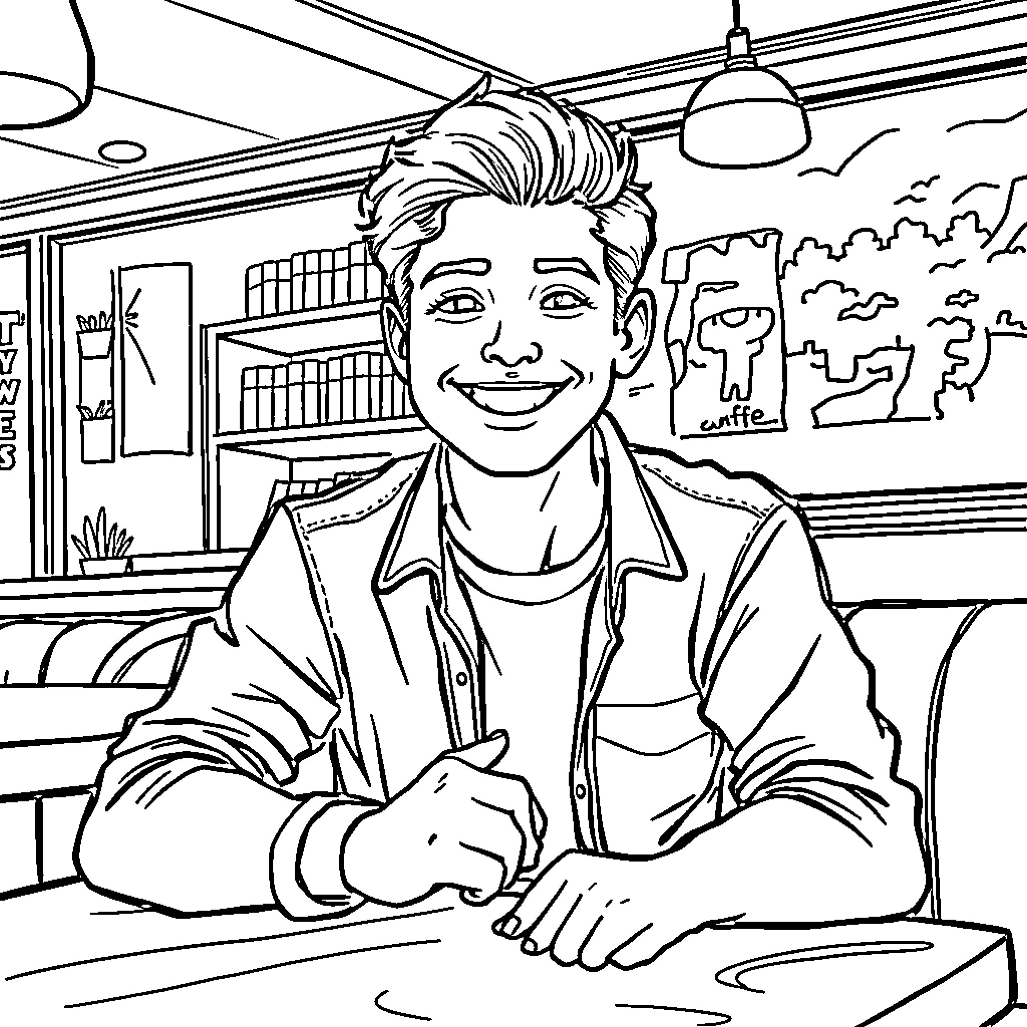 Tyler smiling and studying at the library Coloring Page (free black-and-white line drawing printable PDF for all, from beginners to advanced learners, including children, teens, adults, and seniors)