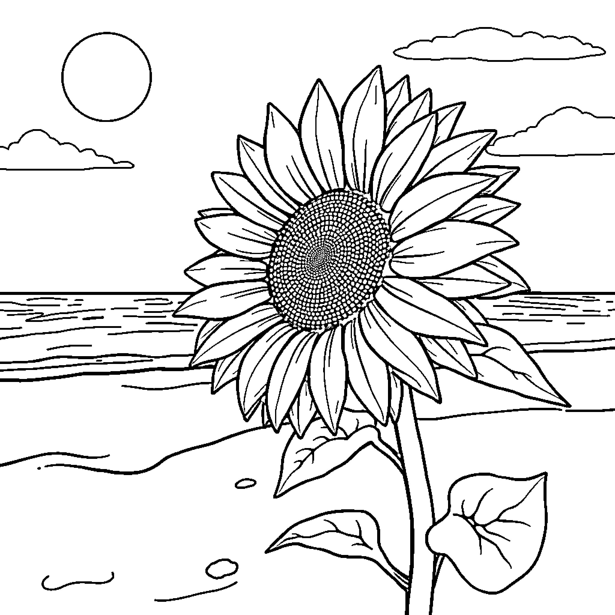 Sunflower blooming in scenic landscape Coloring Page (free black-and-white line drawing printable PDF for all, from beginners to advanced learners, including children, teens, adults, and seniors)