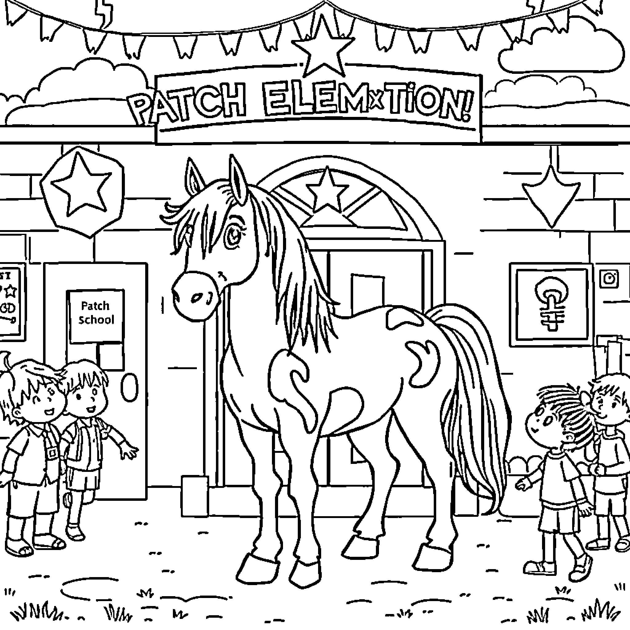 Stallion at the festive Patch Elemtion event Coloring Page (free black-and-white line drawing printable PDF for all, from beginners to advanced learners, including children, teens, adults, and seniors)