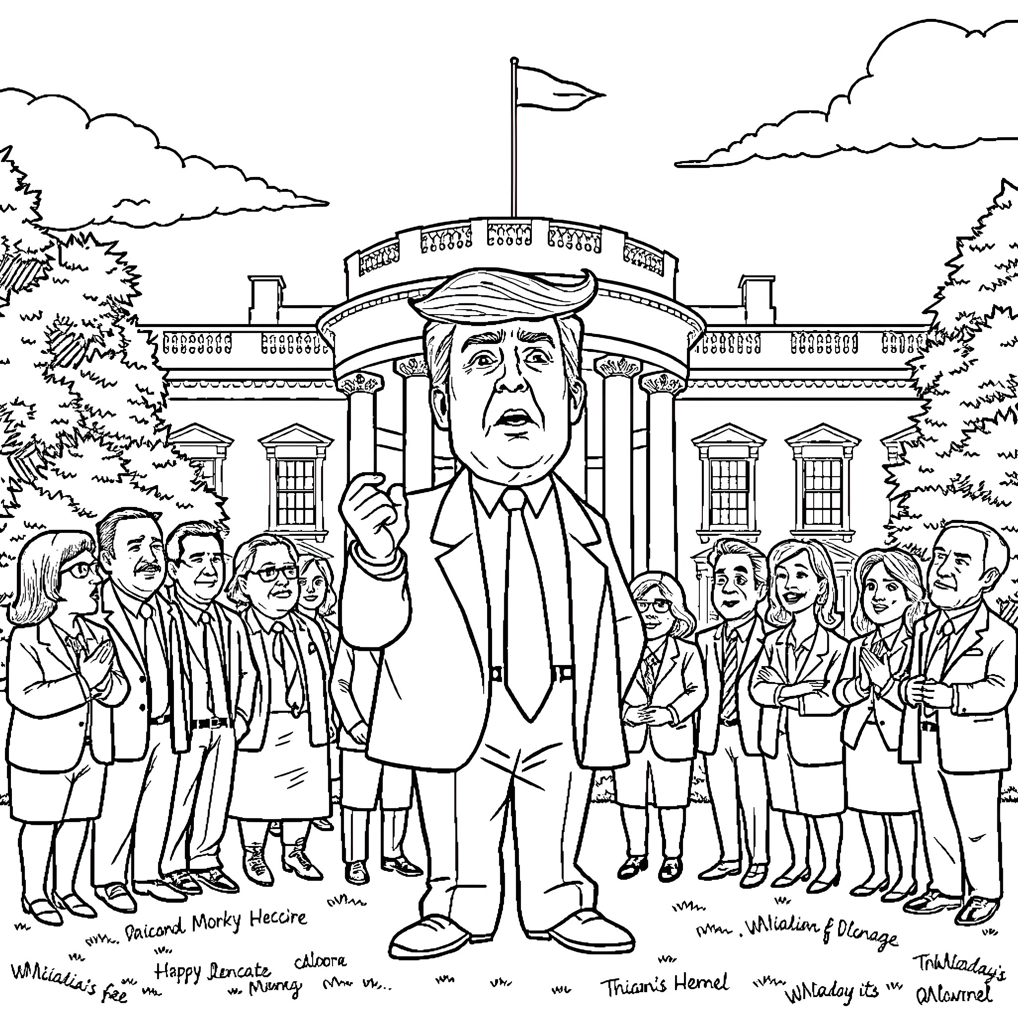 Trump Gesturing Emphatically Amidst Crowd of Supporters Outside the White House Coloring Page (free black-and-white line drawing printable PDF for all, from beginners to advanced learners, including children, teens, adults, and seniors)