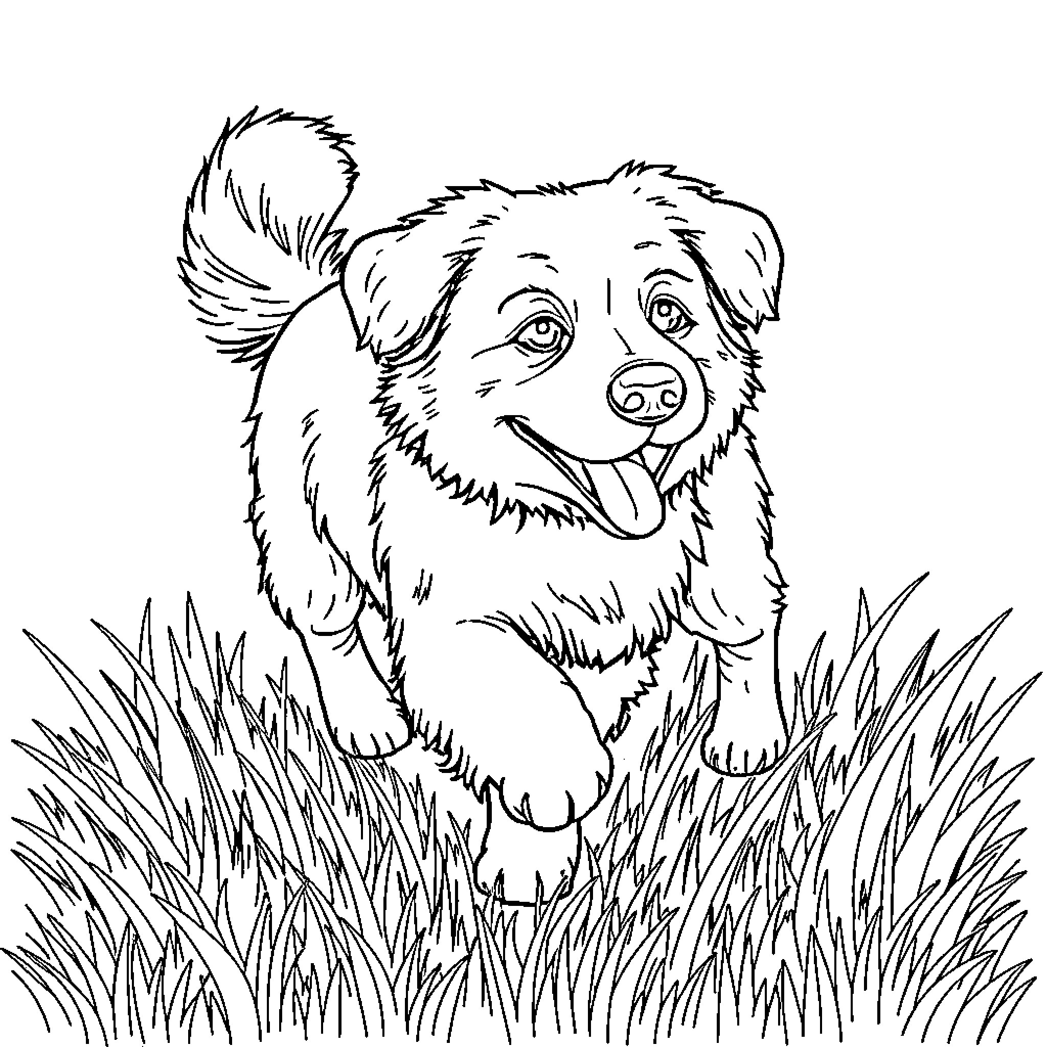 Dog peeking through tall grass Coloring Page (free black-and-white line drawing printable PDF for all, from beginners to advanced learners, including children, teens, adults, and seniors)