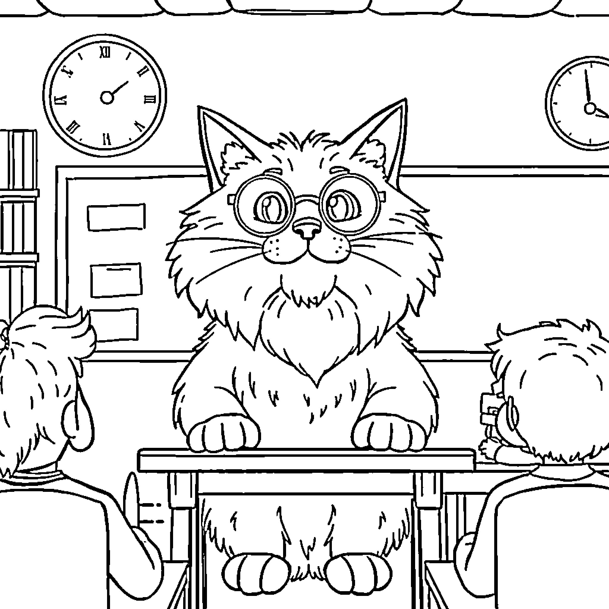 Cat in office with clocks and documents Coloring Page (free black-and-white line drawing printable PDF for all, from beginners to advanced learners, including children, teens, adults, and seniors)