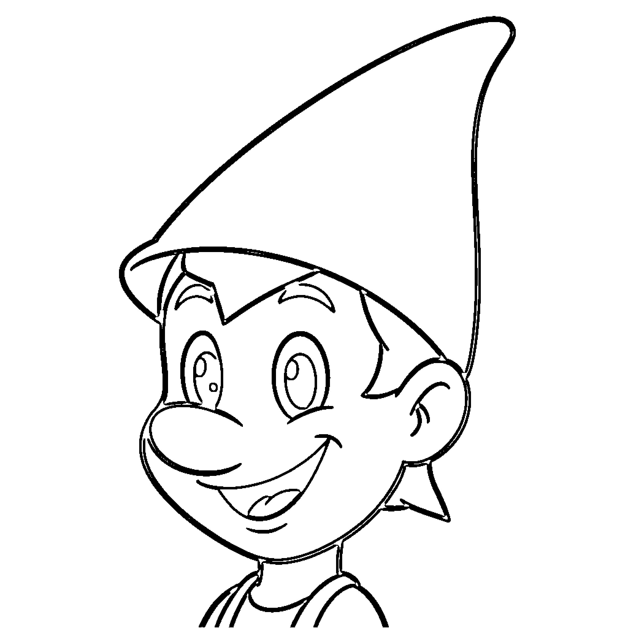 Pinocchio wearing a tall hat and smiling joyfully Coloring Page (free black-and-white line drawing printable PDF for all, from beginners to advanced learners, including children, teens, adults, and seniors)