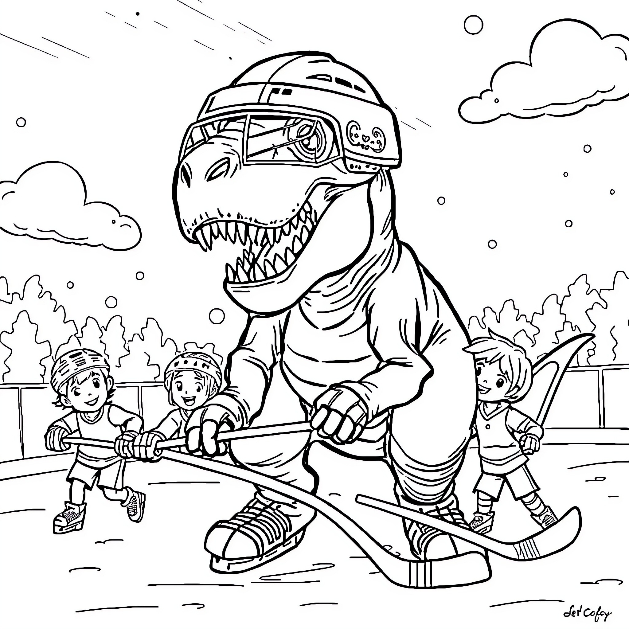 T-Rex Dinosaur Playing Hockey with Kids Coloring Page (free black-and-white line drawing printable PDF for all, from beginners to advanced learners, including children, teens, adults, and seniors)