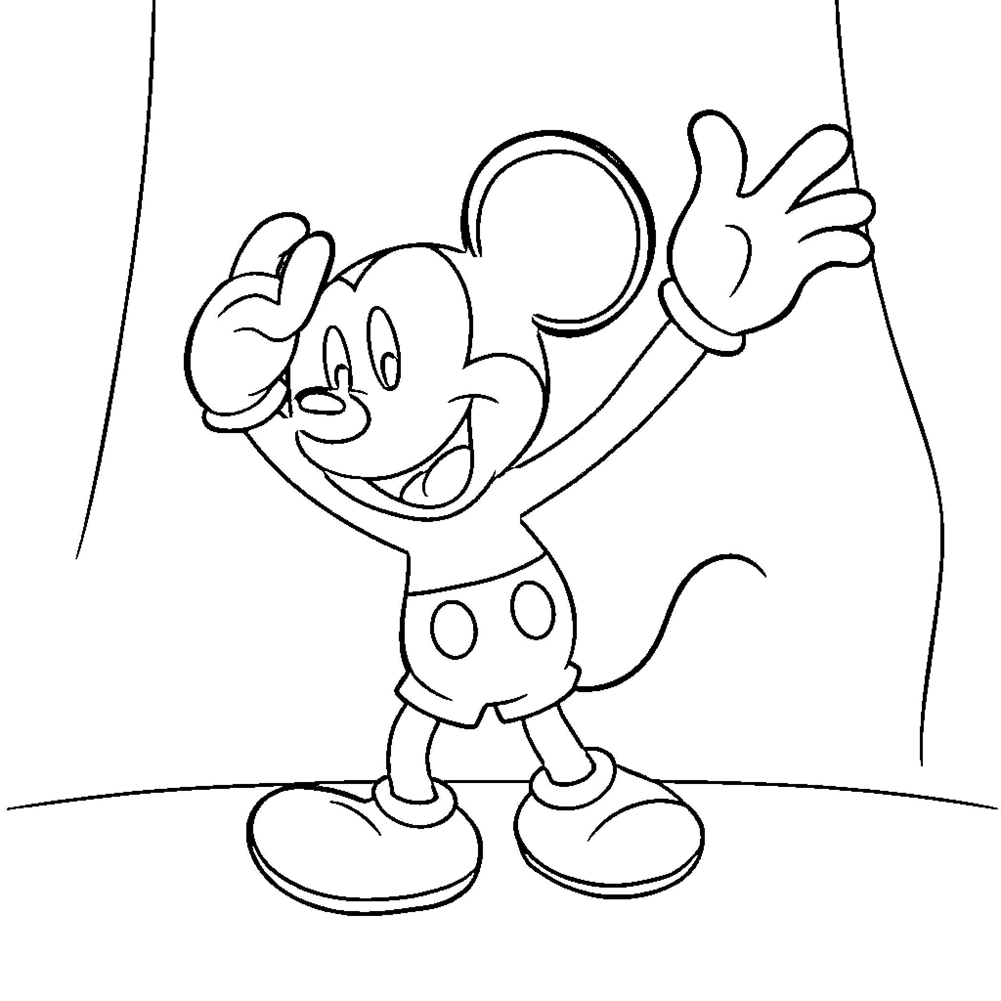 Minnie Mouse waving happily Coloring Page (free black-and-white line drawing printable PDF for all, from beginners to advanced learners, including children, teens, adults, and seniors)