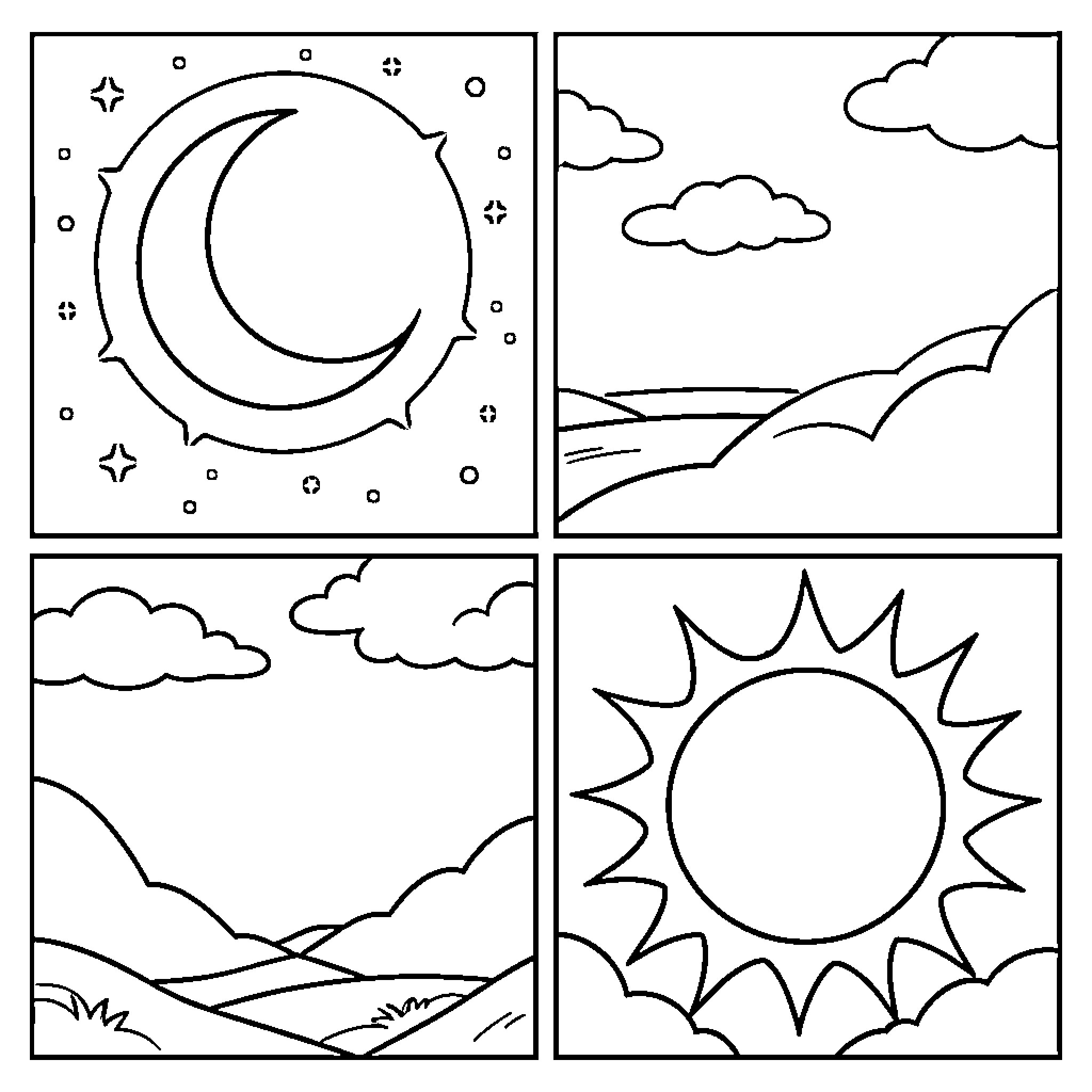 Moon and Sun Across the Sky Coloring Page (free black-and-white line drawing printable PDF for all, from beginners to advanced learners, including children, teens, adults, and seniors)
