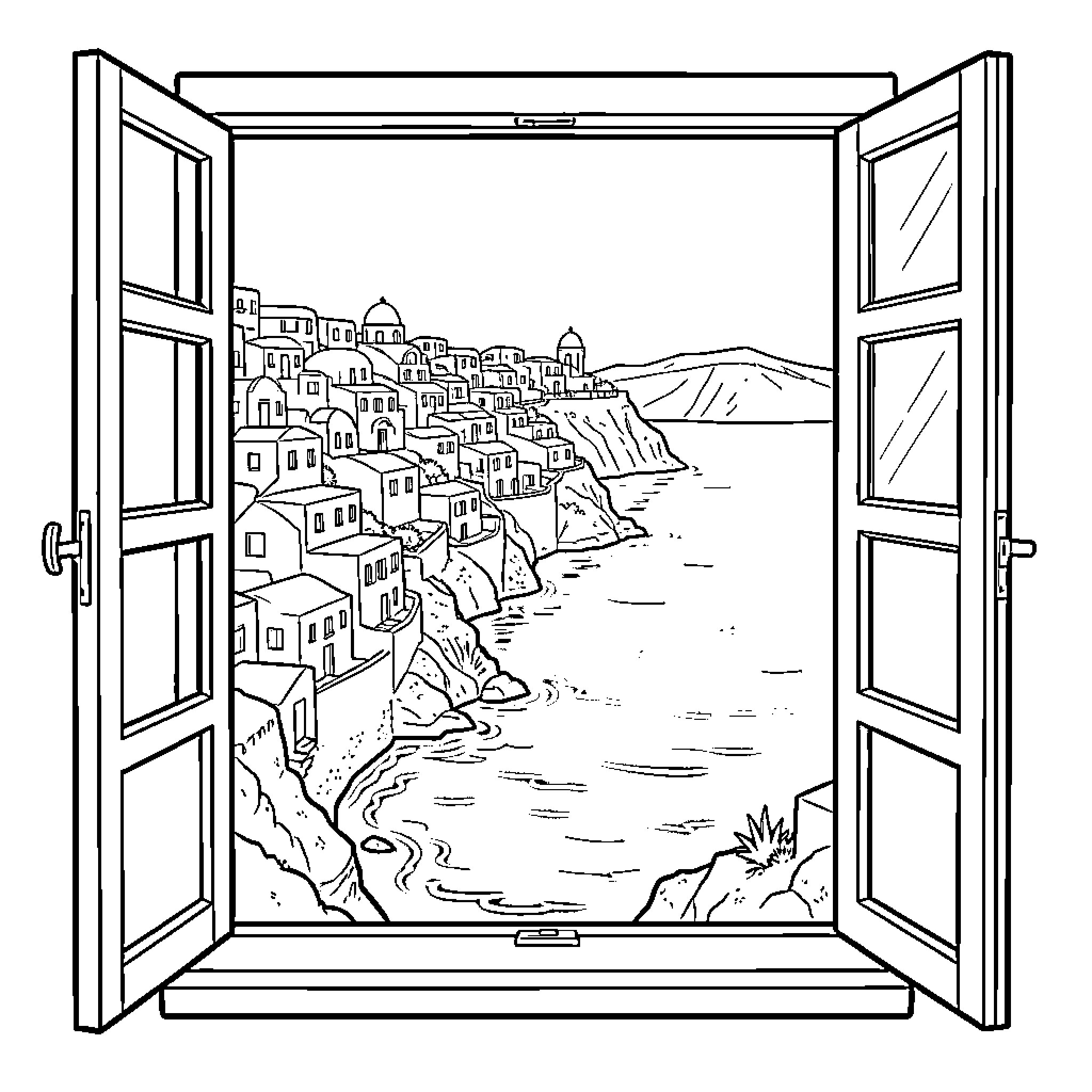 Window overlooking a quaint coastal town Coloring Page (free black-and-white line drawing printable PDF for all, from beginners to advanced learners, including children, teens, adults, and seniors)