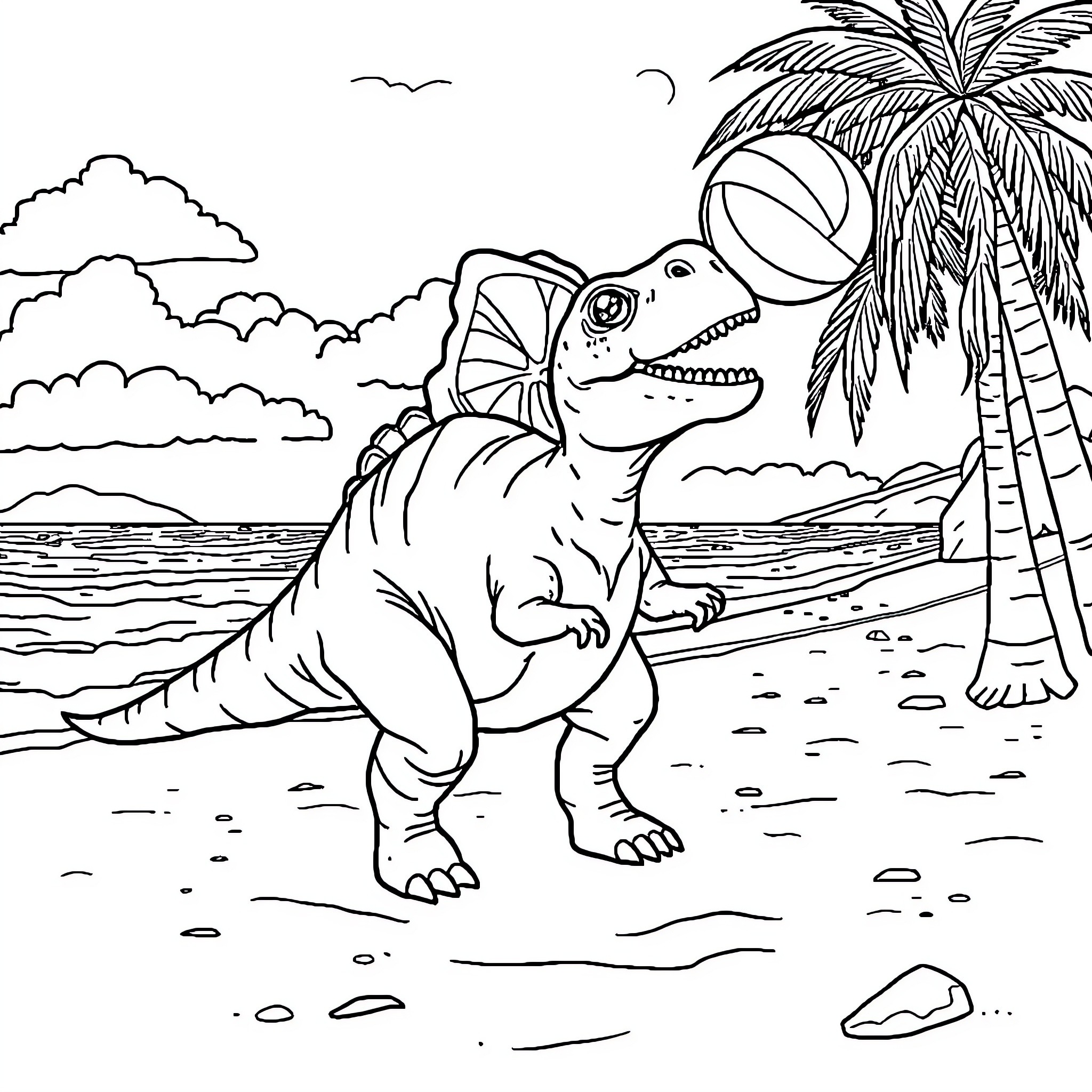 Parasaurolophus enjoying a day at the beach Coloring Page (free black-and-white line drawing printable PDF for all, from beginners to advanced learners, including children, teens, adults, and seniors)