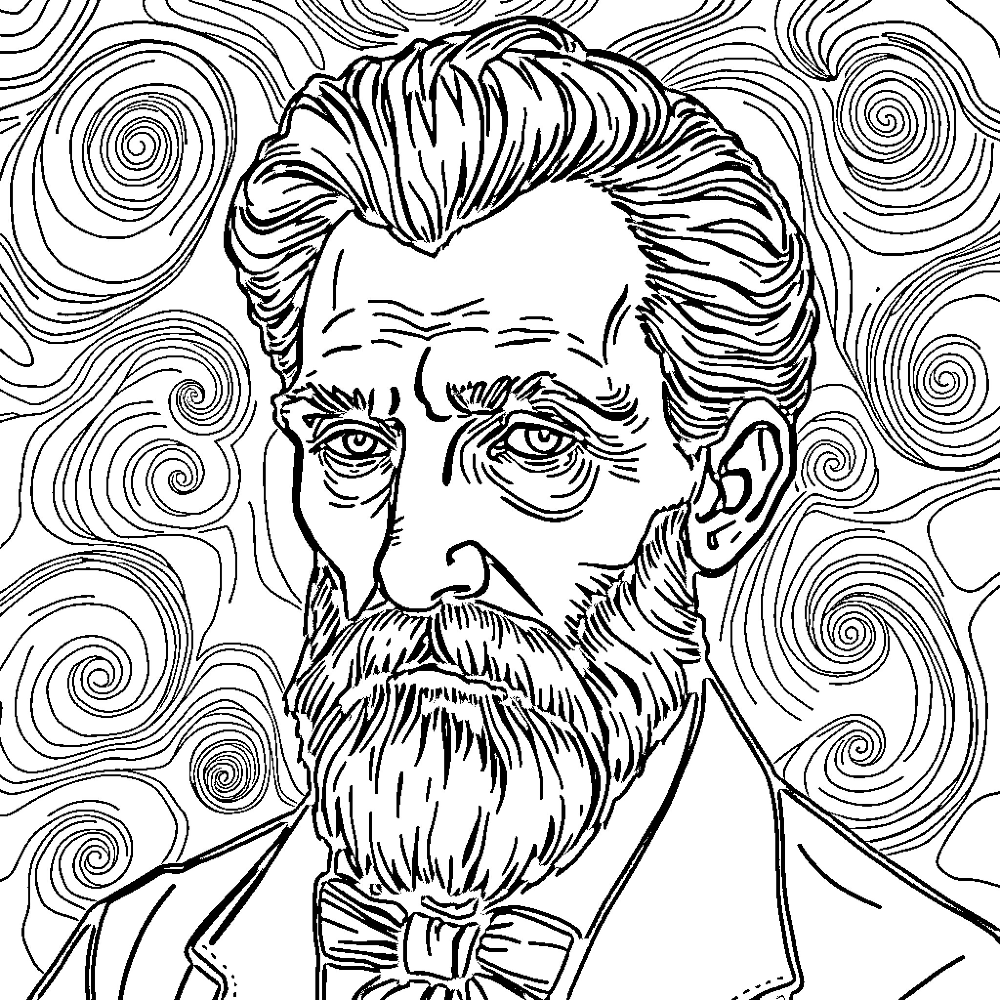 Self Portrait of a Pensive Bearded Man Coloring Page (free black-and-white line drawing printable PDF for all, from beginners to advanced learners, including children, teens, adults, and seniors)
