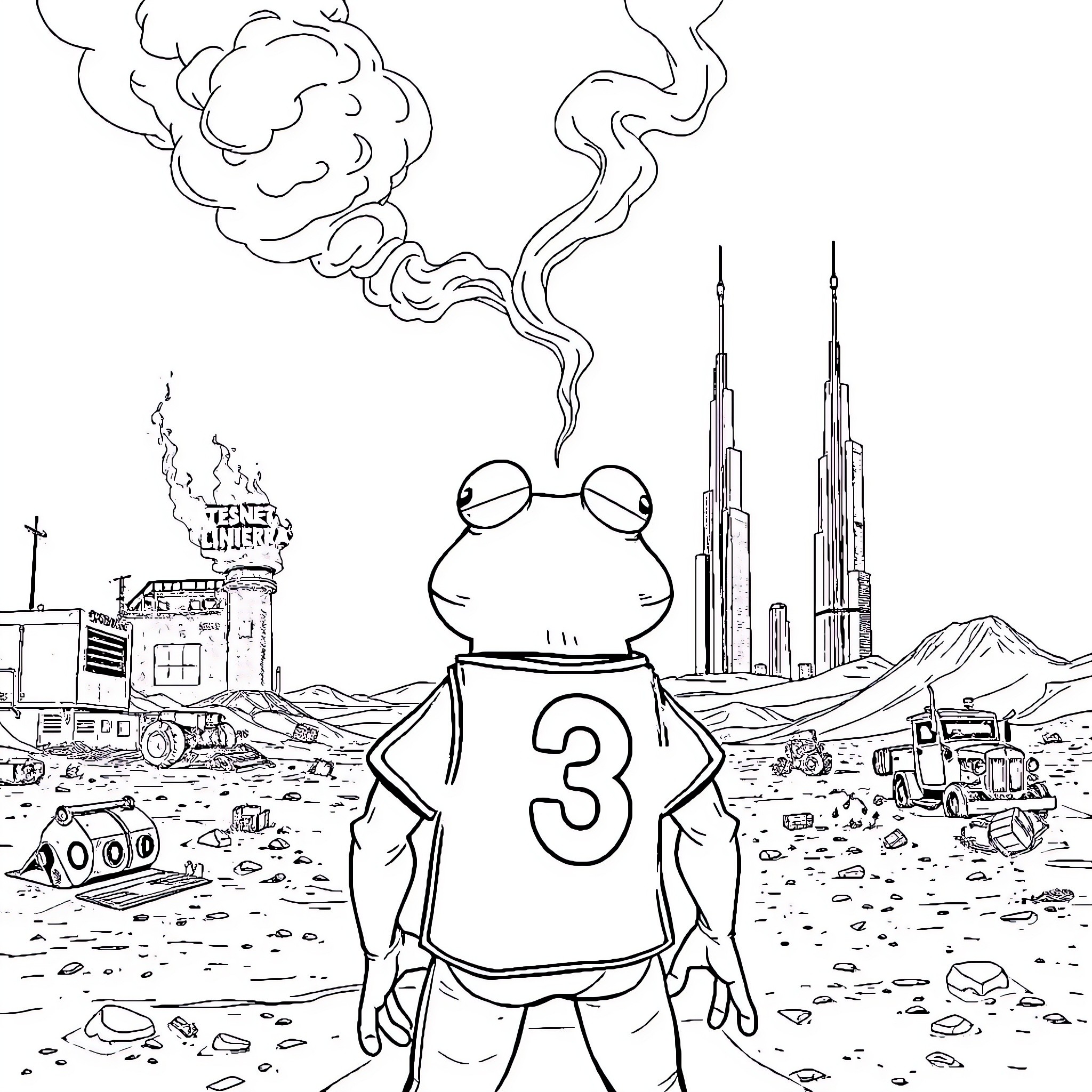 Frog character in a futuristic dystopian landscape Coloring Page (free black-and-white line drawing printable PDF for all, from beginners to advanced learners, including children, teens, adults, and seniors)