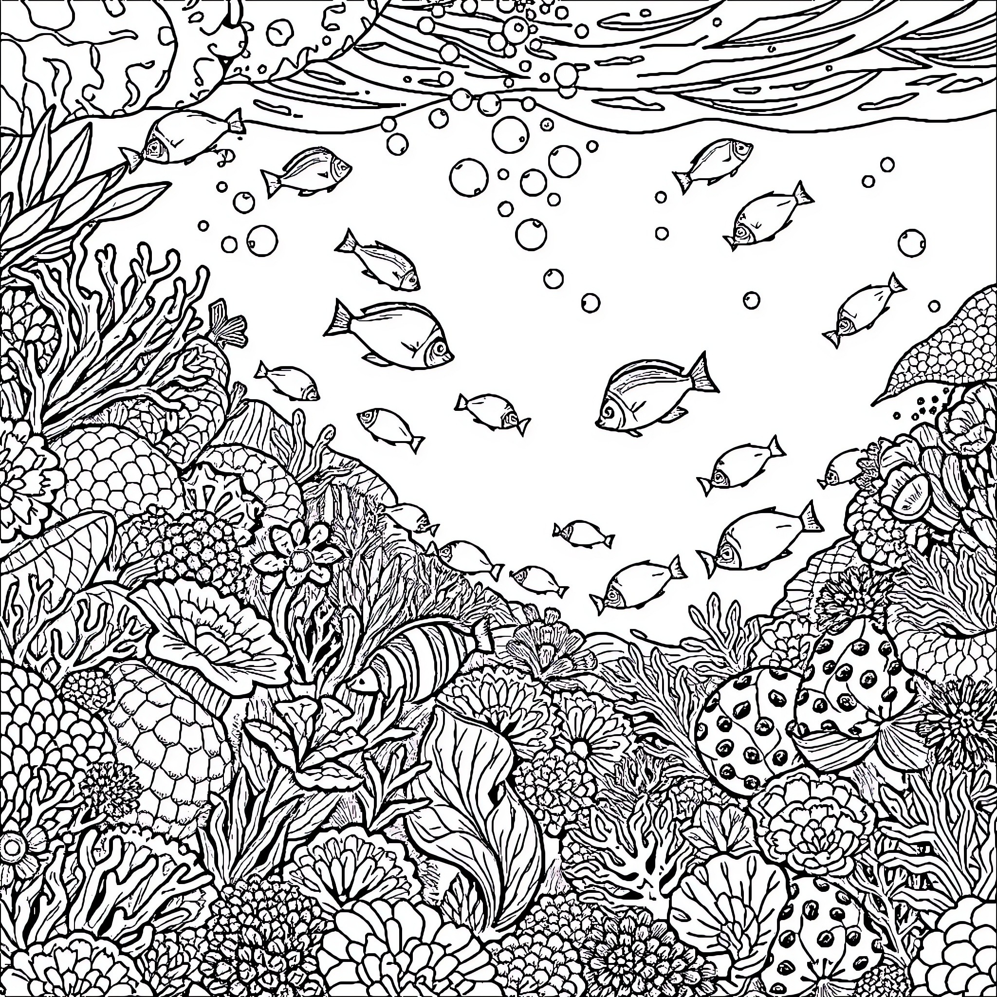 Coral Reef Vibrant Underwater Scene Coloring Page (free black-and-white line drawing printable PDF for all, from beginners to advanced learners, including children, teens, adults, and seniors)