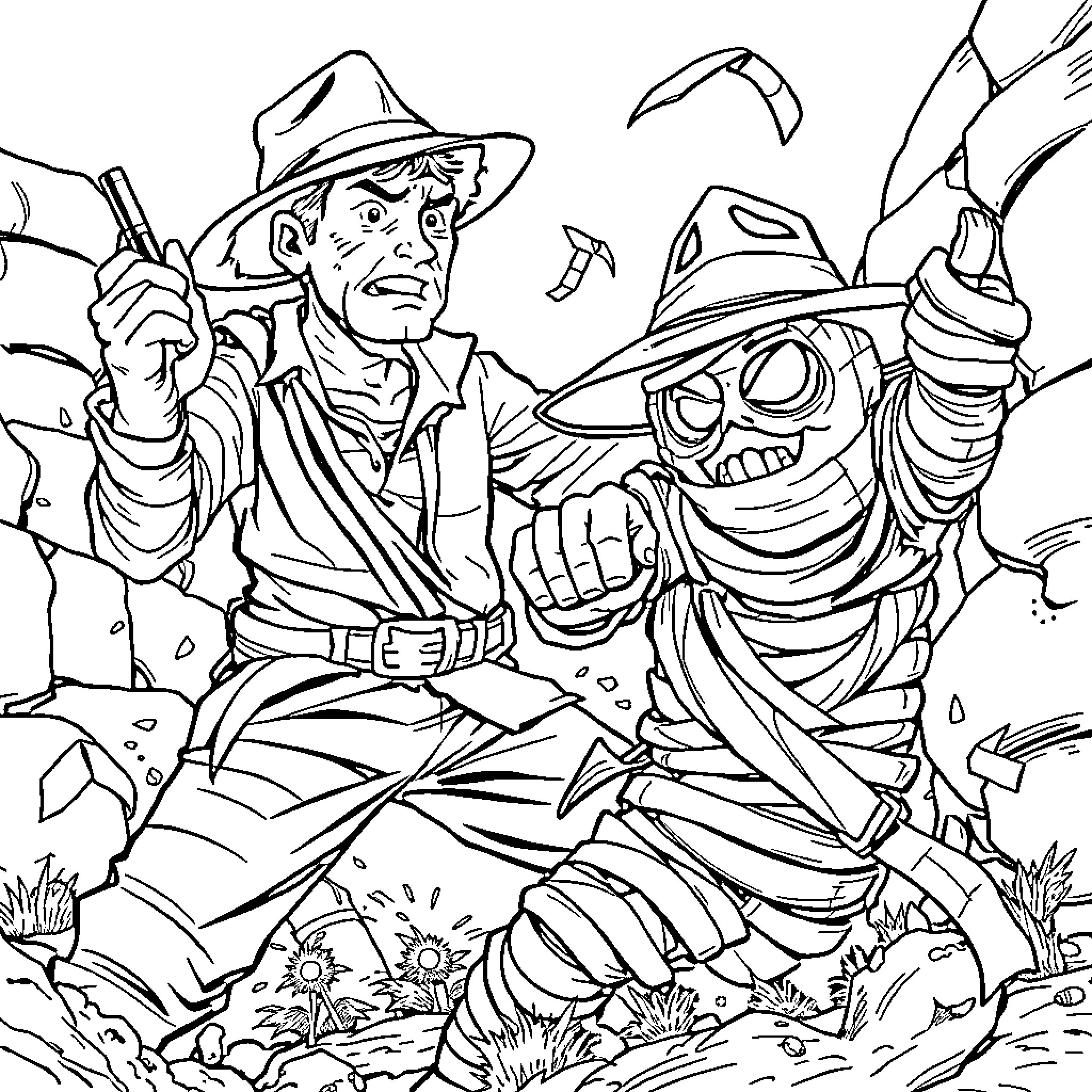 Indiana Jones fighting against a monstrous foe in the jungle Coloring Page (free black-and-white line drawing printable PDF for all, from beginners to advanced learners, including children, teens, adults, and seniors)