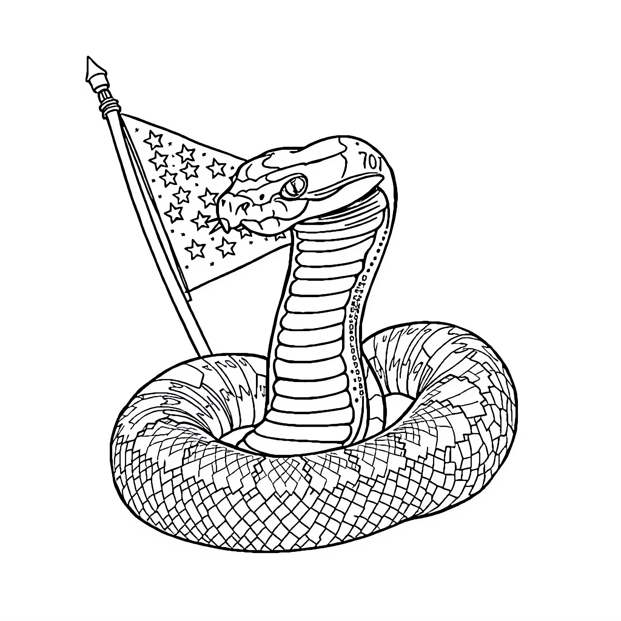 Python Patriotic Cobra Holding American Flag Coloring Page (free black-and-white line drawing printable PDF for all, from beginners to advanced learners, including children, teens, adults, and seniors)