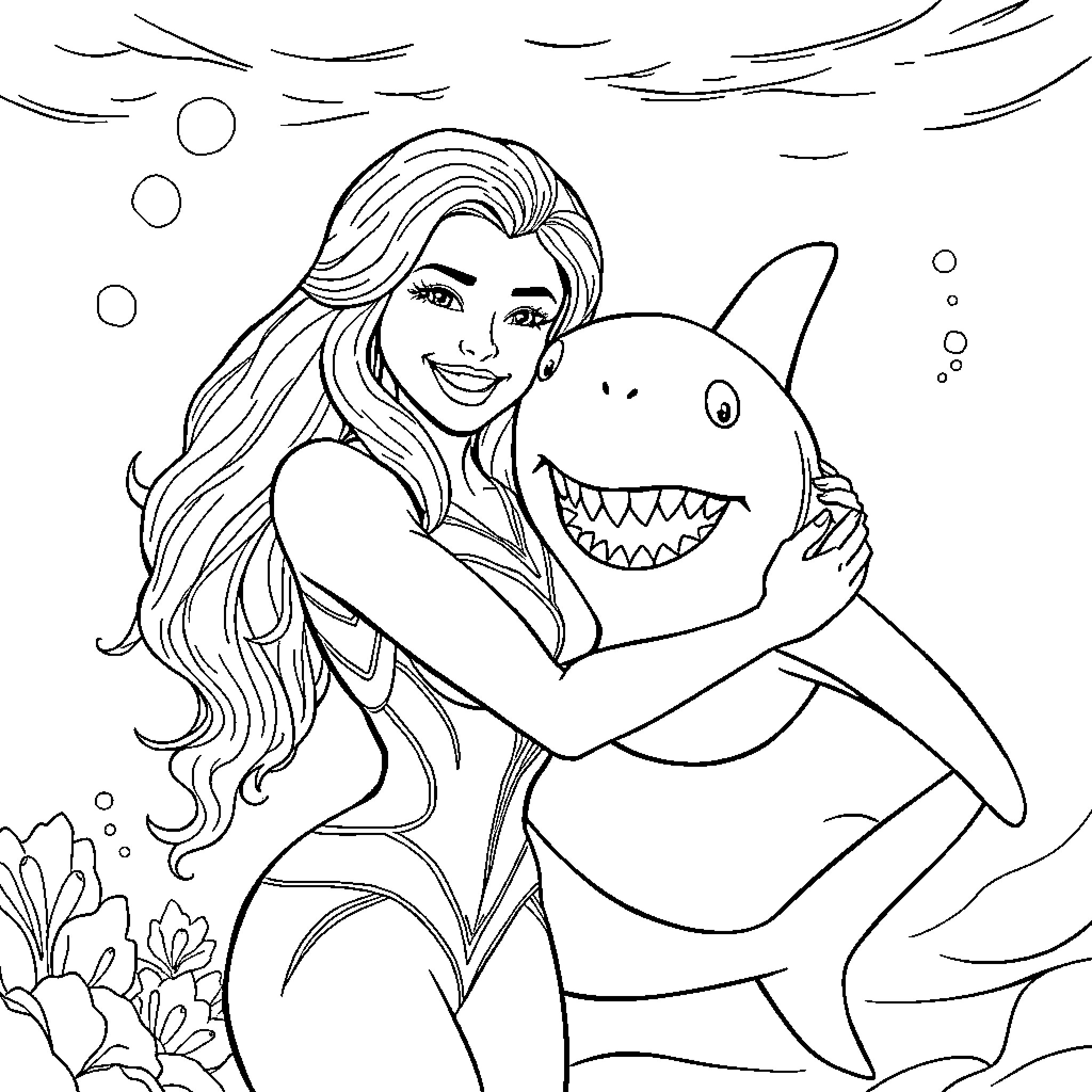 Emma Frost embracing a friendly shark in the ocean Coloring Page (free black-and-white line drawing printable PDF for all, from beginners to advanced learners, including children, teens, adults, and seniors)