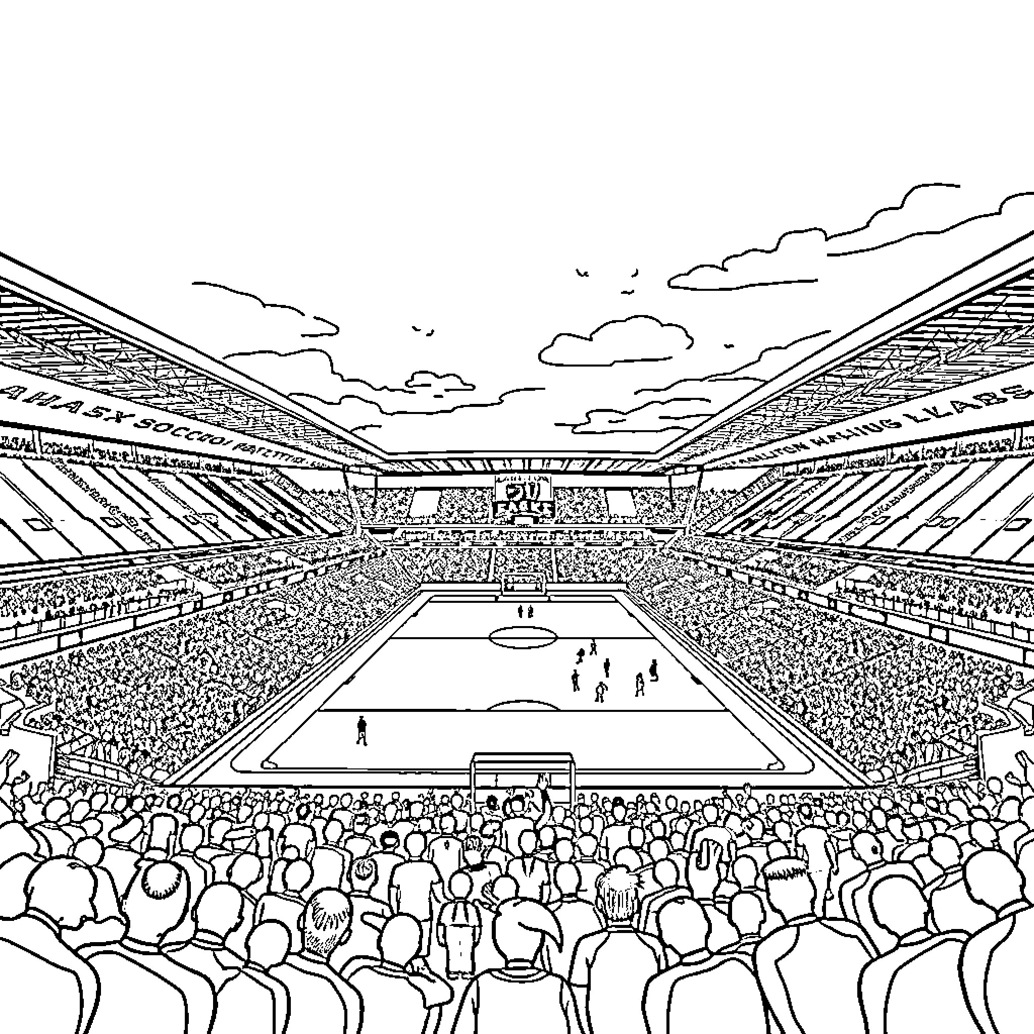 Stadium filled with cheering crowds watching a game Coloring Page (free black-and-white line drawing printable PDF for all, from beginners to advanced learners, including children, teens, adults, and seniors)