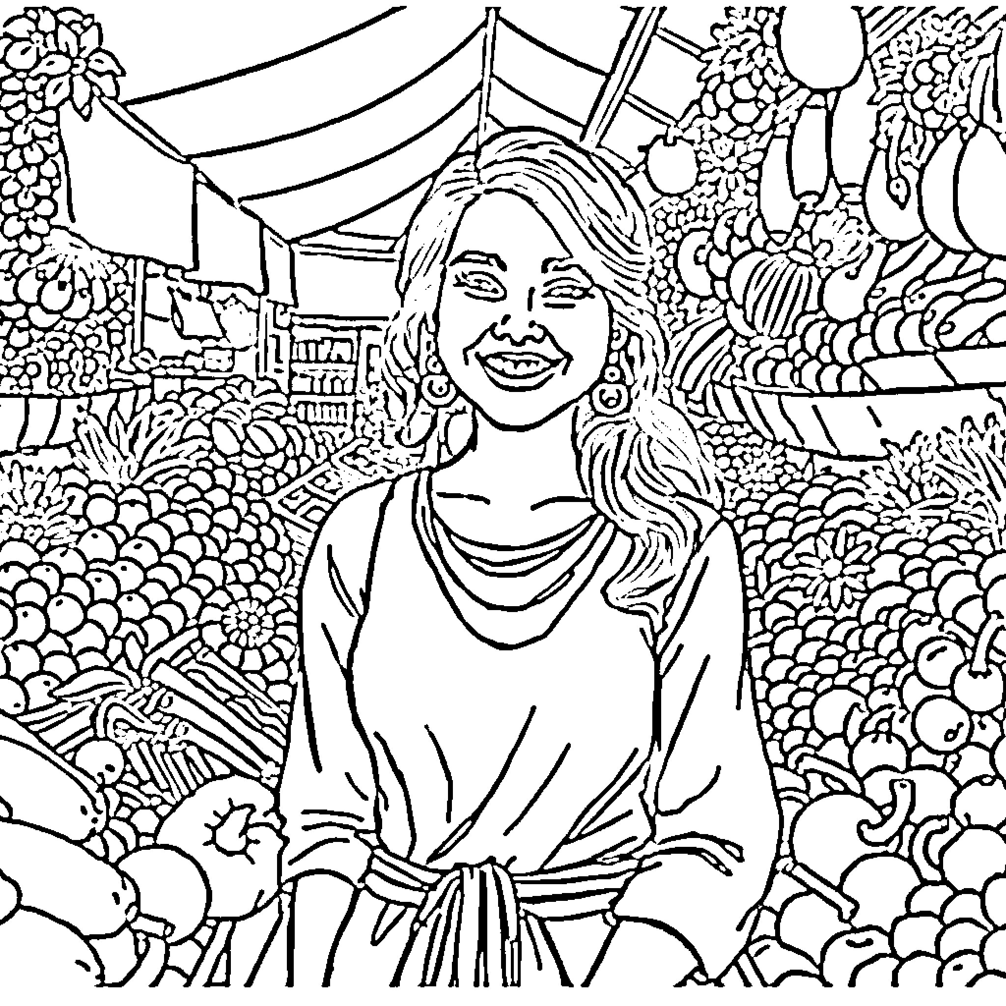 Dilsad's joyful expression in a vibrant, nature-filled scene Coloring Page (free black-and-white line drawing printable PDF for all, from beginners to advanced learners, including children, teens, adults, and seniors)