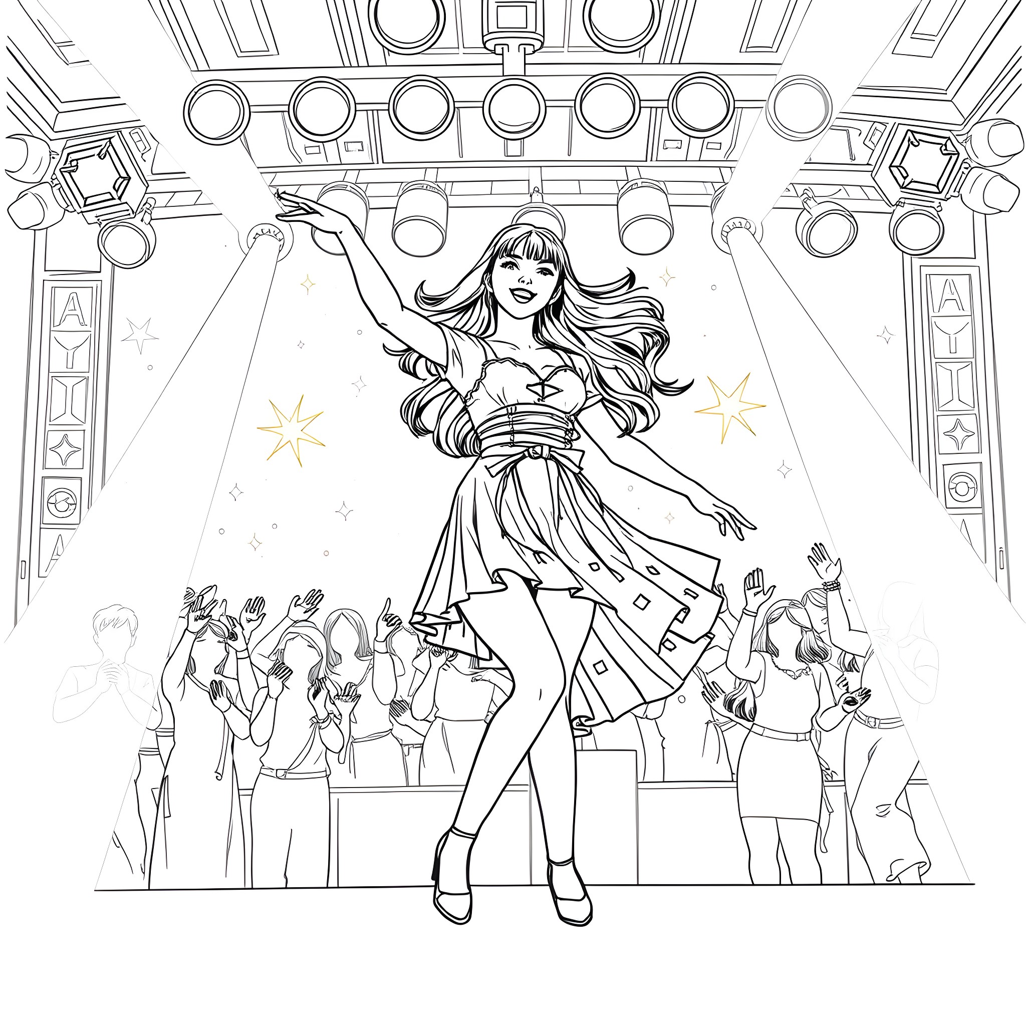 Seulgi's Dazzling Stage Performance Coloring Page (free black-and-white line drawing printable PDF for all, from beginners to advanced learners, including children, teens, adults, and seniors)