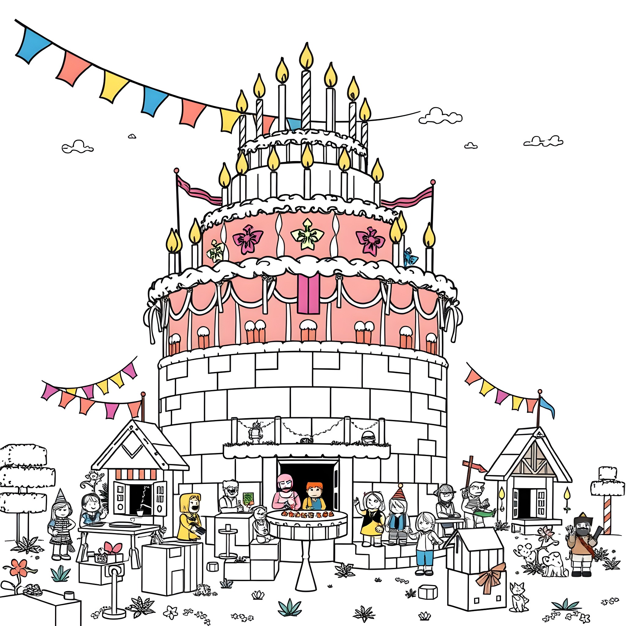 Birthday Party at a Whimsical Castle with Festive Decorations Coloring Page (free black-and-white line drawing printable PDF for all, from beginners to advanced learners, including children, teens, adults, and seniors)