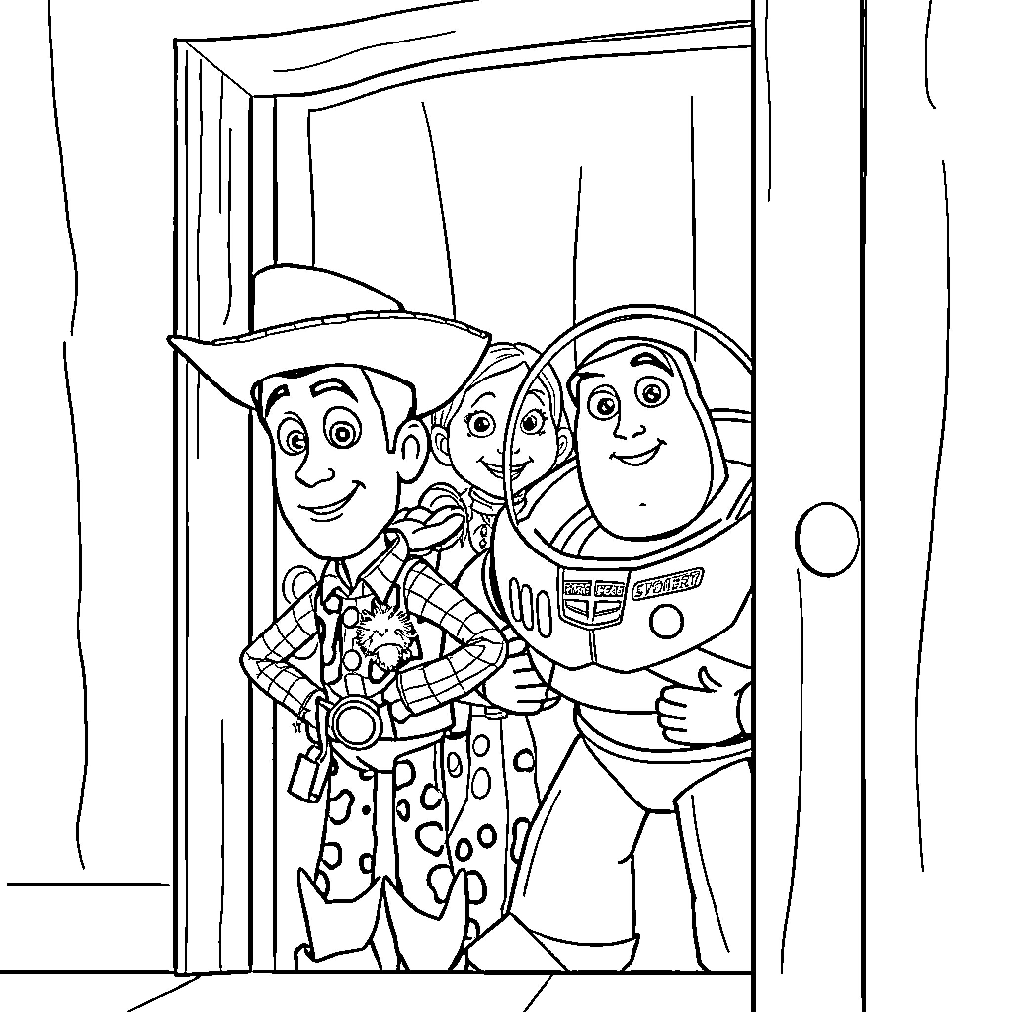 Toy Story Characters in Playful Poses Coloring Page (free black-and-white line drawing printable PDF for all, from beginners to advanced learners, including children, teens, adults, and seniors)