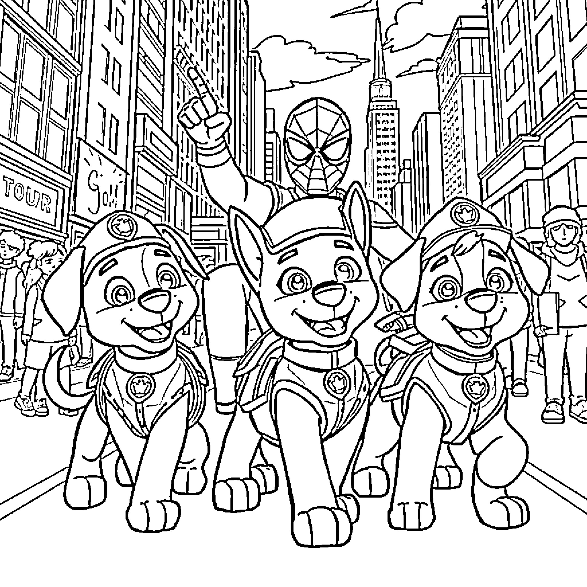 Paw Patrol Superheroes Saving the City Coloring Page (free black-and-white line drawing printable PDF for all, from beginners to advanced learners, including children, teens, adults, and seniors)