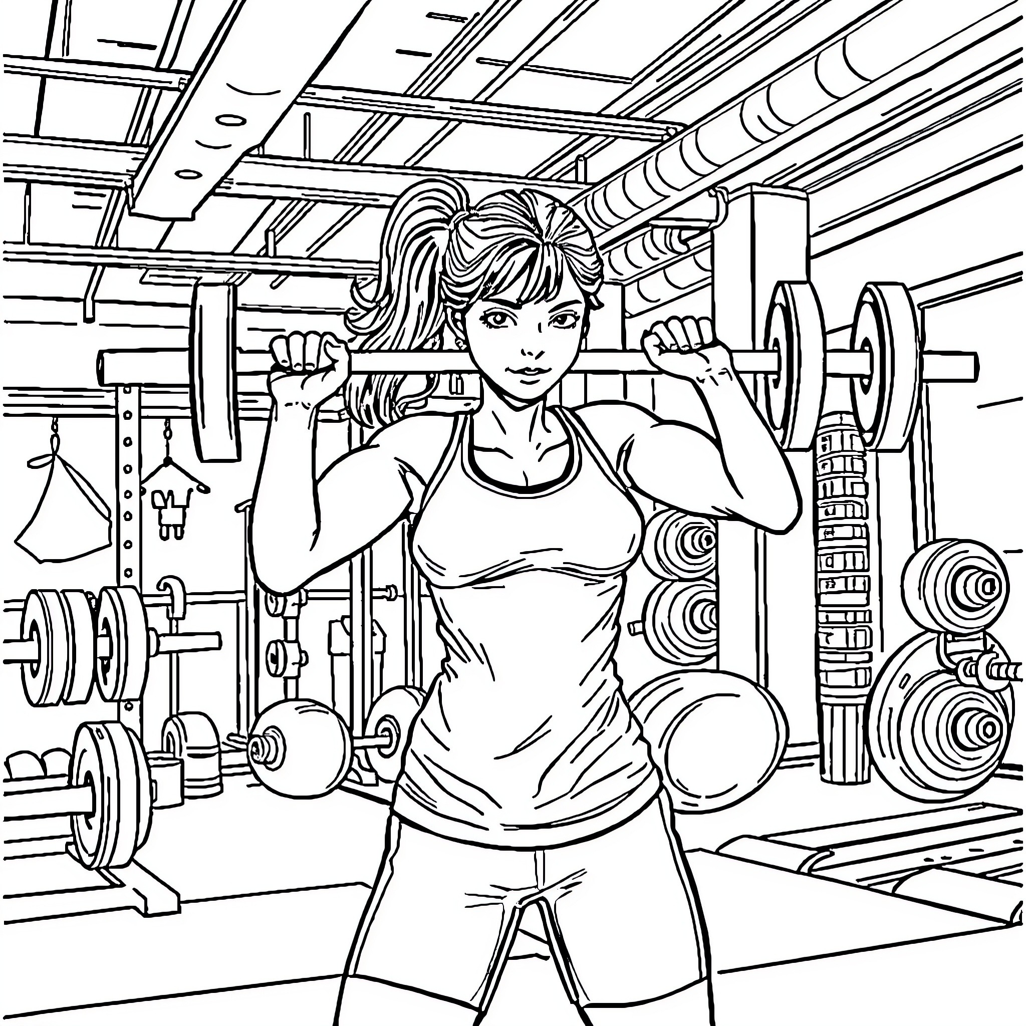 Chica lifting weights in gym Coloring Page (free black-and-white line drawing printable PDF for all, from beginners to advanced learners, including children, teens, adults, and seniors)