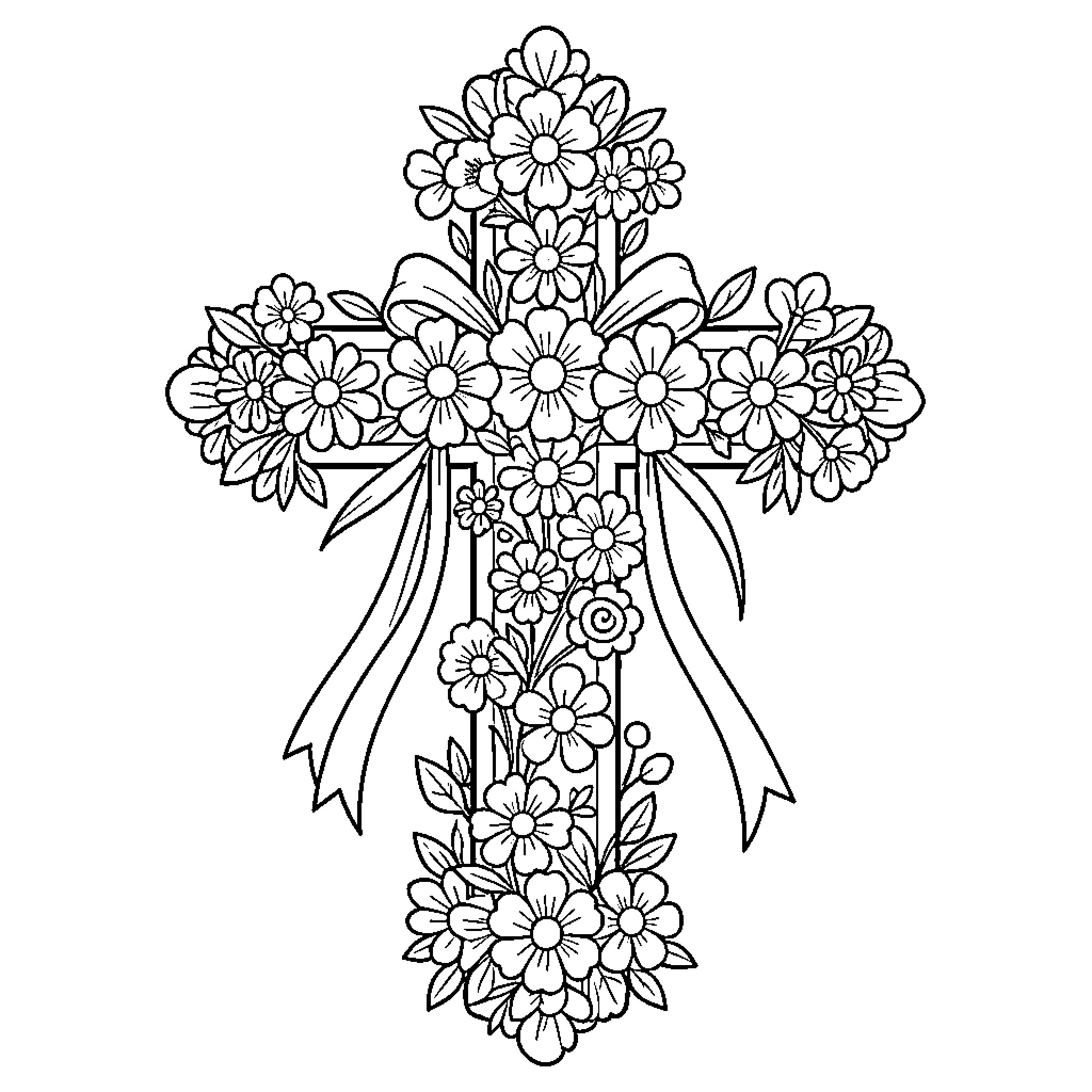 Cross Adorned with Floral Blooms Coloring Page (free black-and-white line drawing printable PDF for all, from beginners to advanced learners, including children, teens, adults, and seniors)