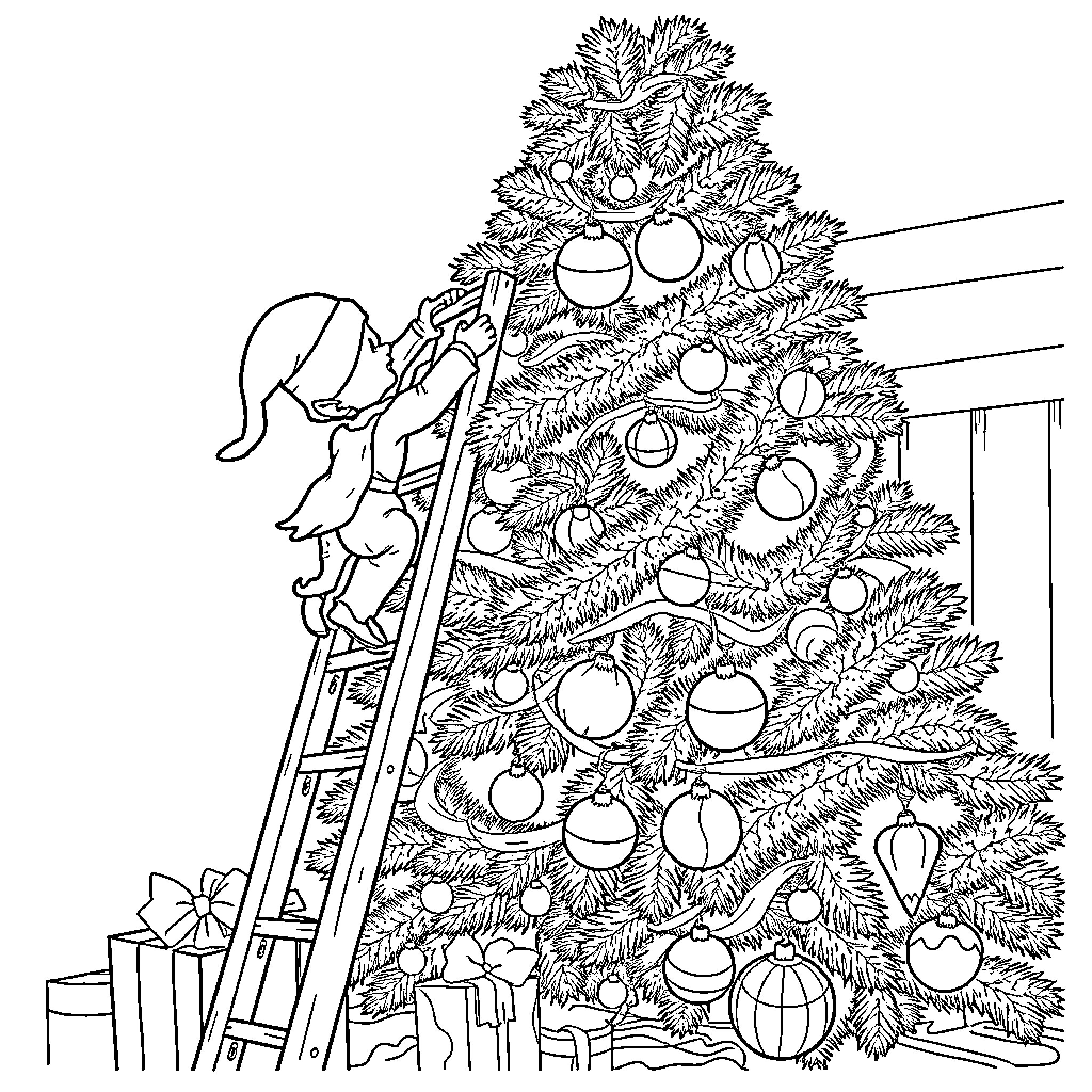 Elf decorating a festive Christmas tree Coloring Page (free black-and-white line drawing printable PDF for all, from beginners to advanced learners, including children, teens, adults, and seniors)