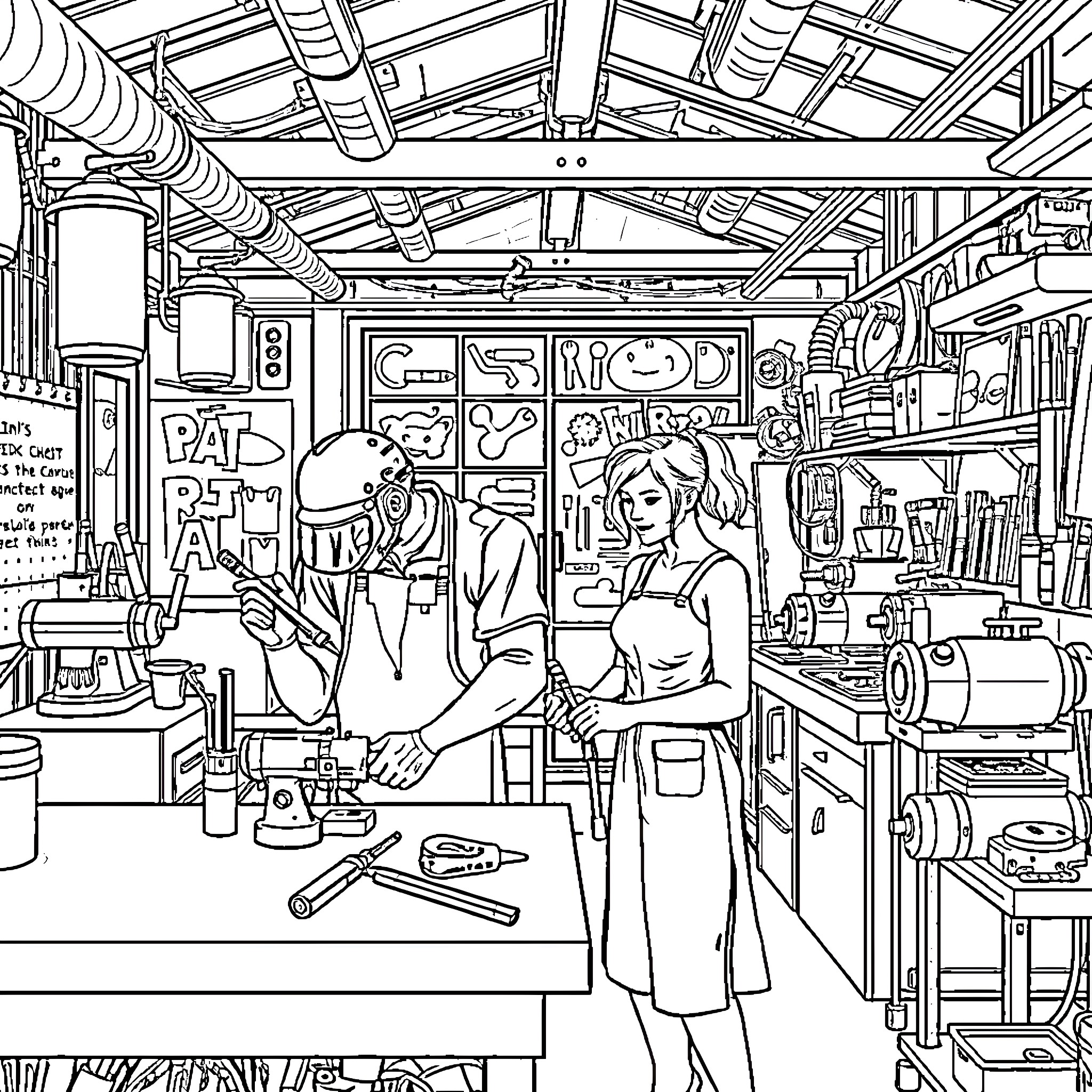 Worker in Industrial Workshop with Tools and Equipment Coloring Page (free black-and-white line drawing printable PDF for all, from beginners to advanced learners, including children, teens, adults, and seniors)