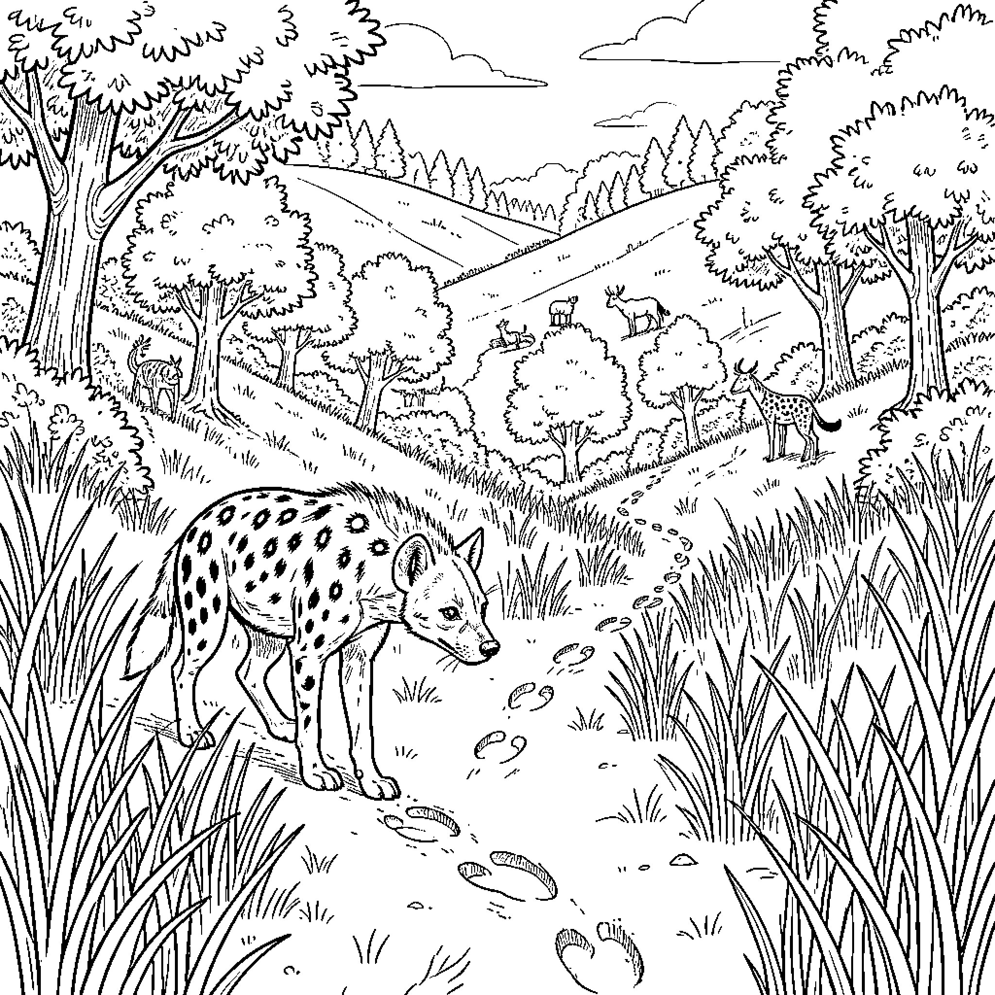 Hyena following footprints through a grassy landscape Coloring Page (free black-and-white line drawing printable PDF for all, from beginners to advanced learners, including children, teens, adults, and seniors)