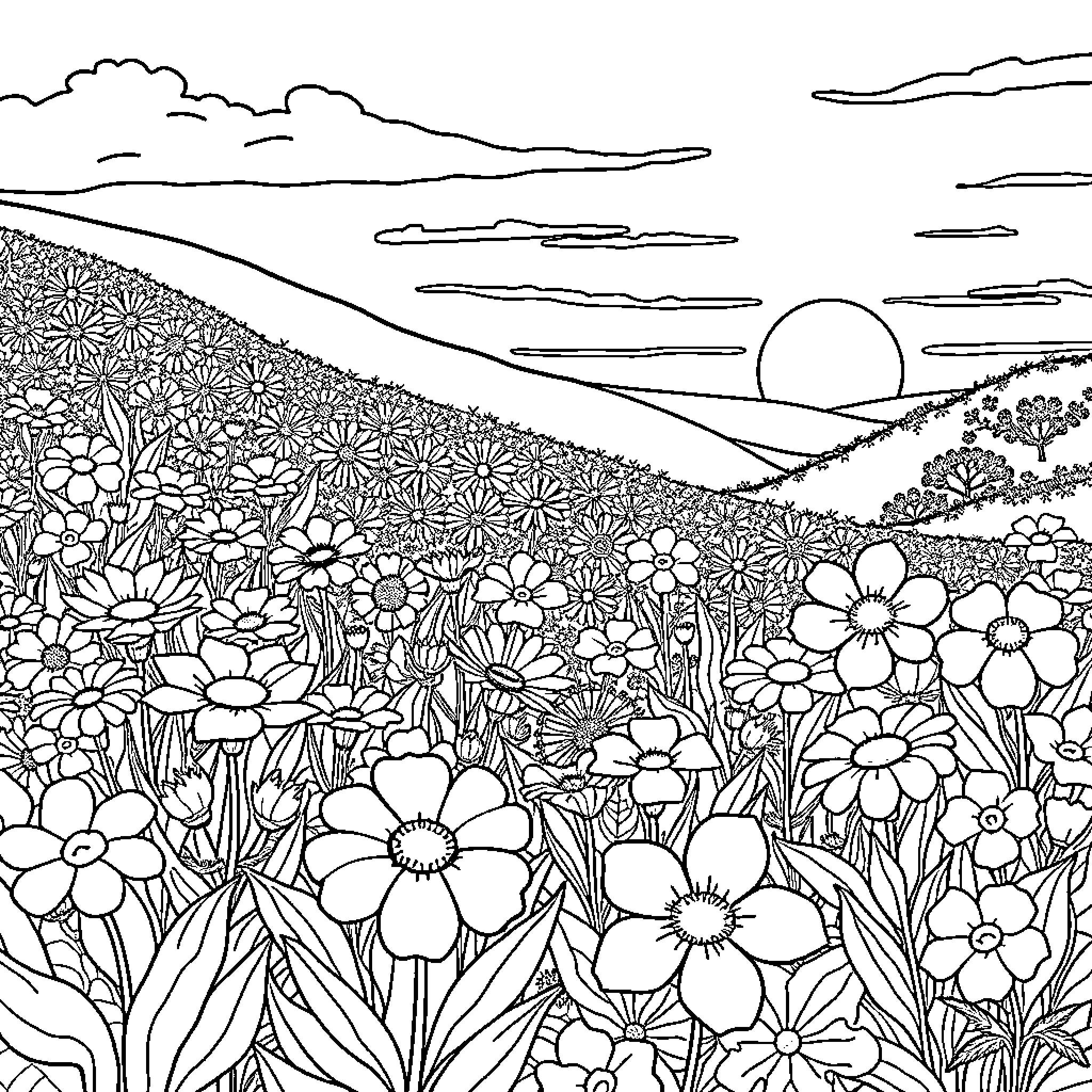 Flower field of blooming florals in the countryside landscape Coloring Page (free black-and-white line drawing printable PDF for all, from beginners to advanced learners, including children, teens, adults, and seniors)