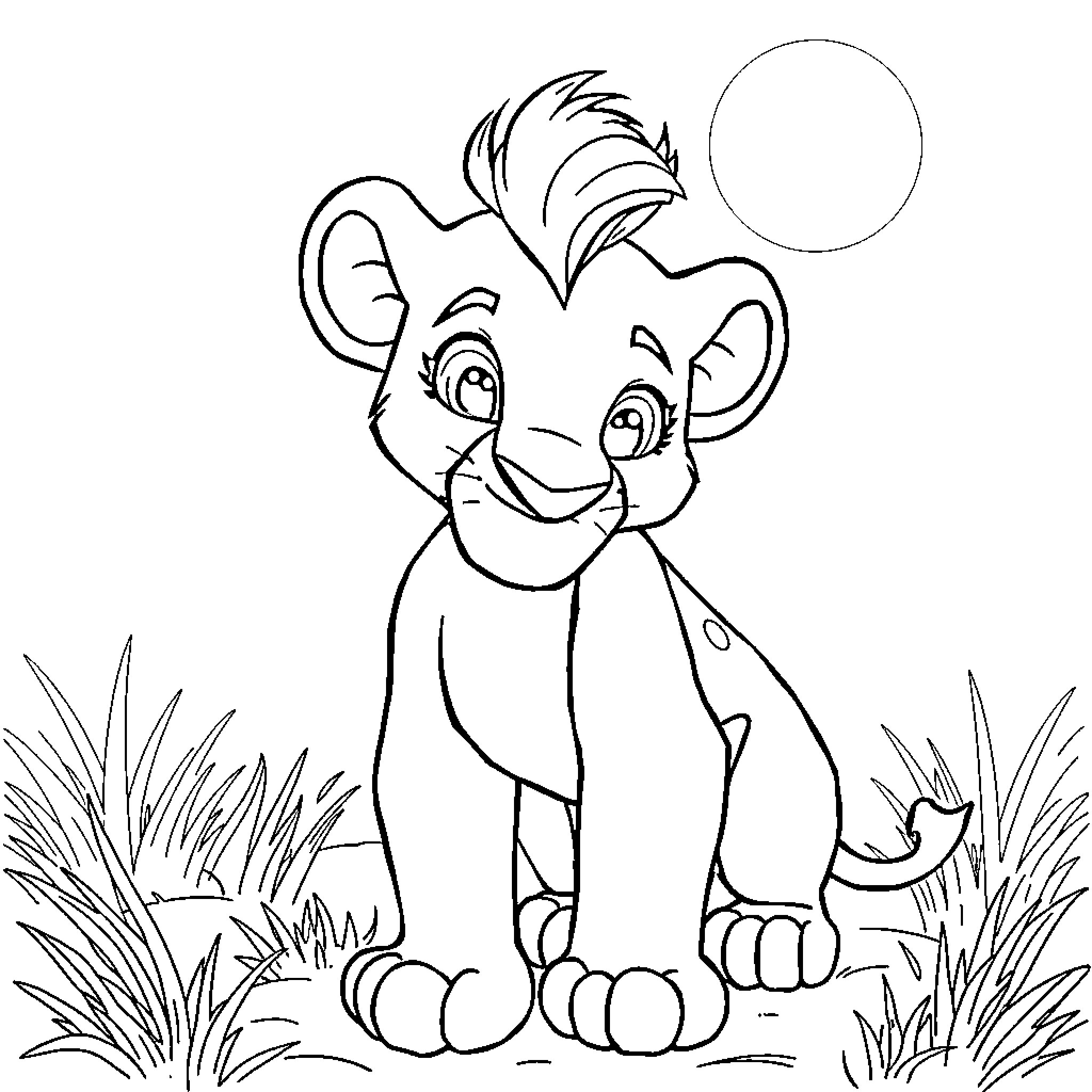 Stitch of a young lion cub in a grassy meadow Coloring Page (free black-and-white line drawing printable PDF for all, from beginners to advanced learners, including children, teens, adults, and seniors)