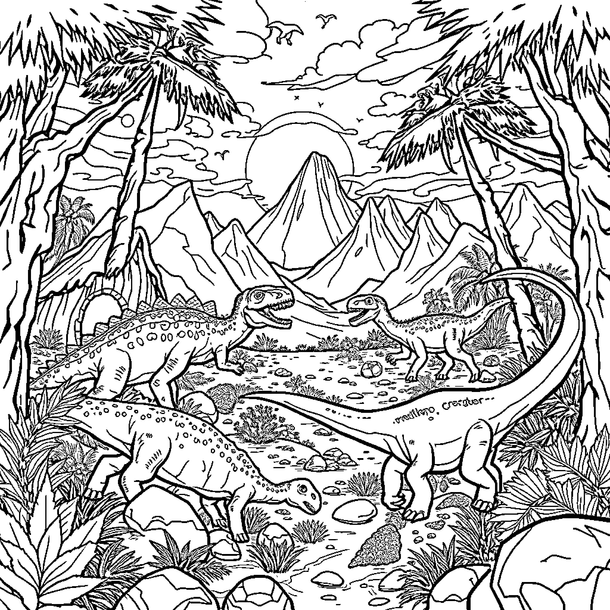Camp Cretaceous: Dinosaurs Roam the Prehistoric Landscape Coloring Page (free black-and-white line drawing printable PDF for all, from beginners to advanced learners, including children, teens, adults, and seniors)