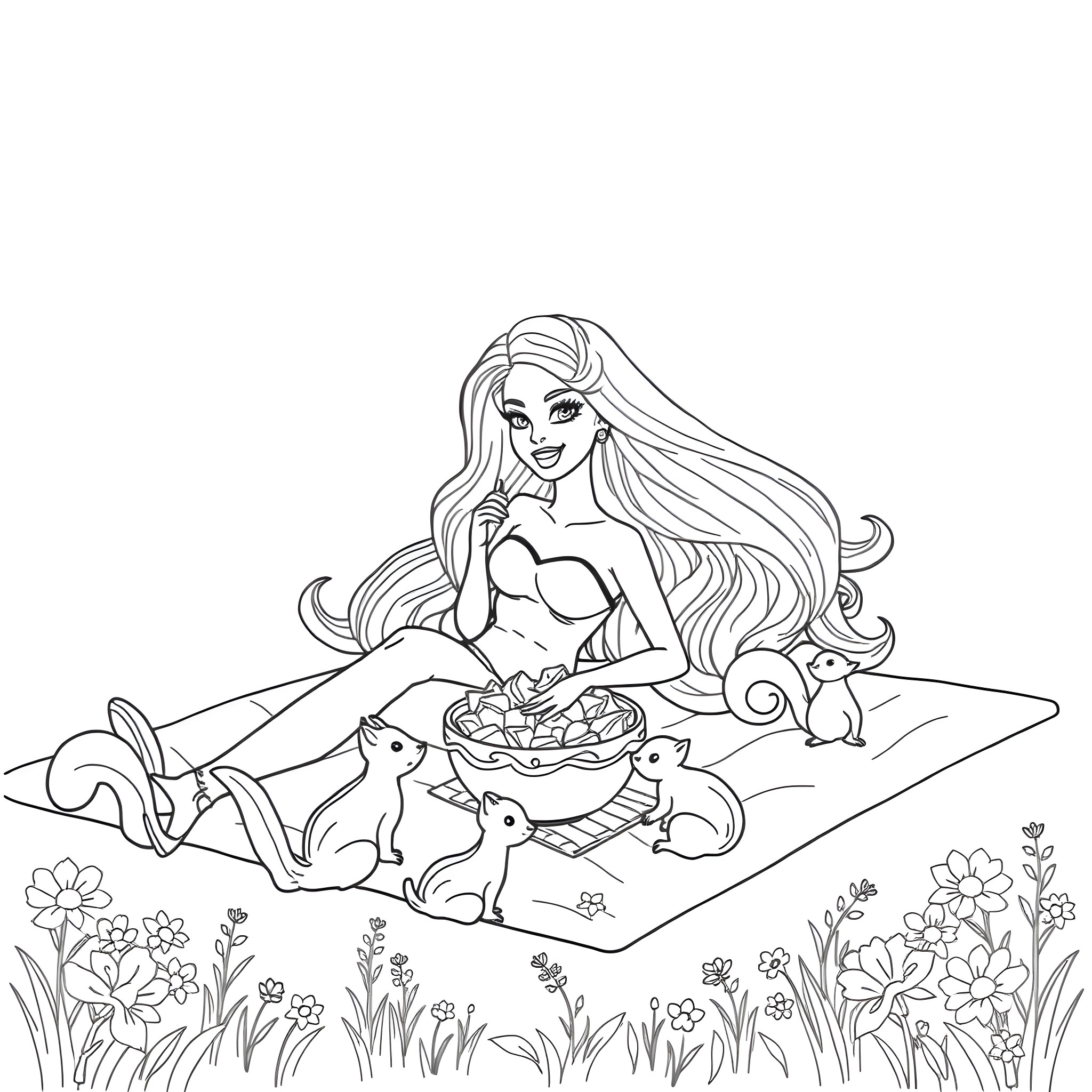 Barbie relaxing in the garden with her pets Coloring Page (free black-and-white line drawing printable PDF for all, from beginners to advanced learners, including children, teens, adults, and seniors)