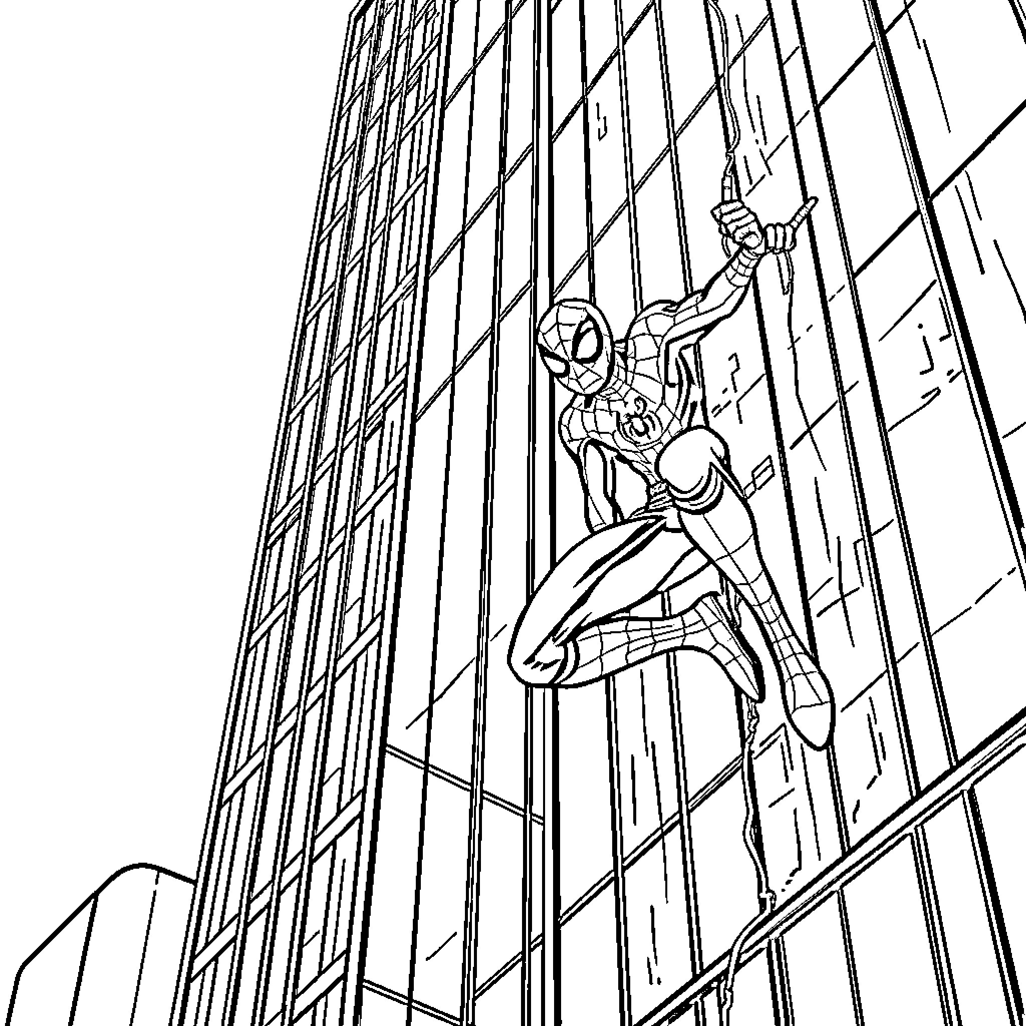 Spiderman swinging through the city skyline Coloring Page (free black-and-white line drawing printable PDF for all, from beginners to advanced learners, including children, teens, adults, and seniors)