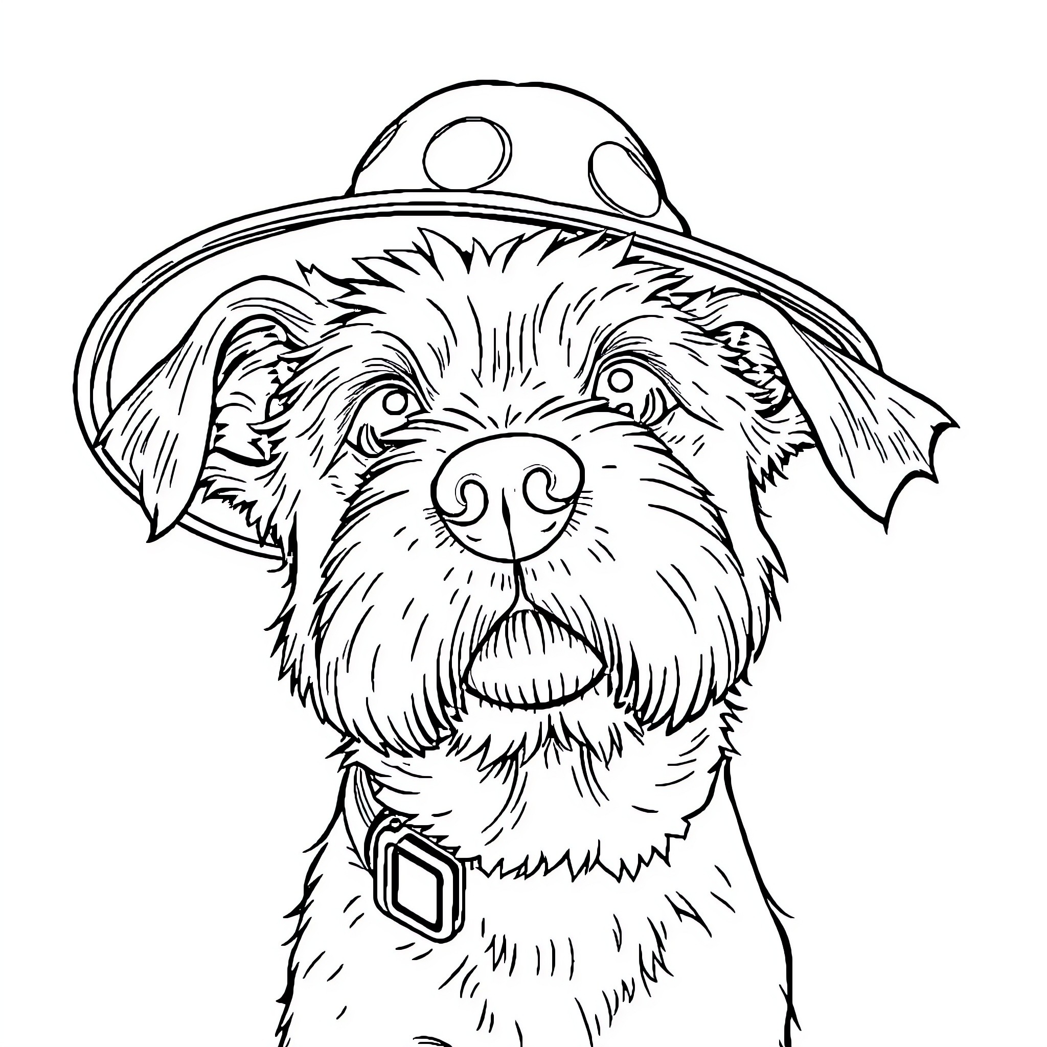 Dog wearing hiking hat in forest Coloring Page (free black-and-white line drawing printable PDF for all, from beginners to advanced learners, including children, teens, adults, and seniors)