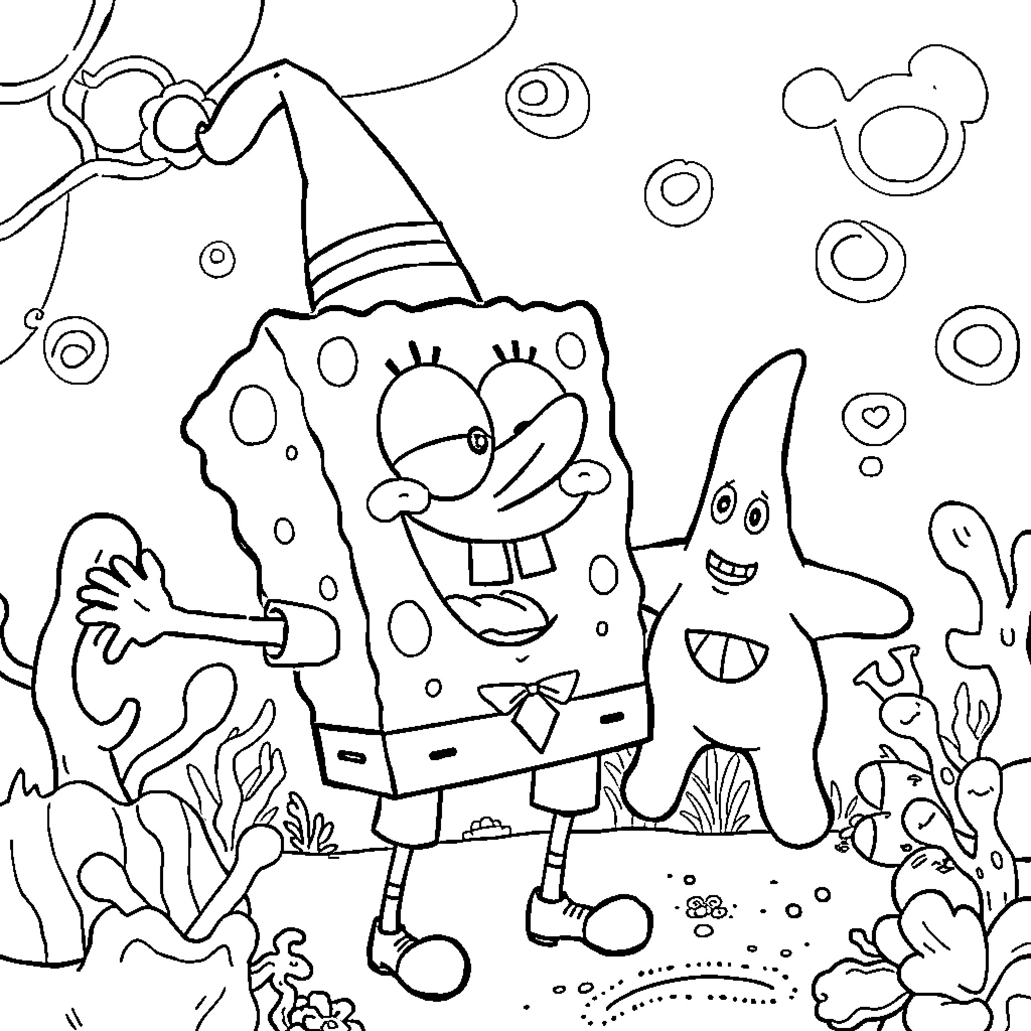 Spongebob and friends in an underwater adventure Coloring Page (free black-and-white line drawing printable PDF for all, from beginners to advanced learners, including children, teens, adults, and seniors)