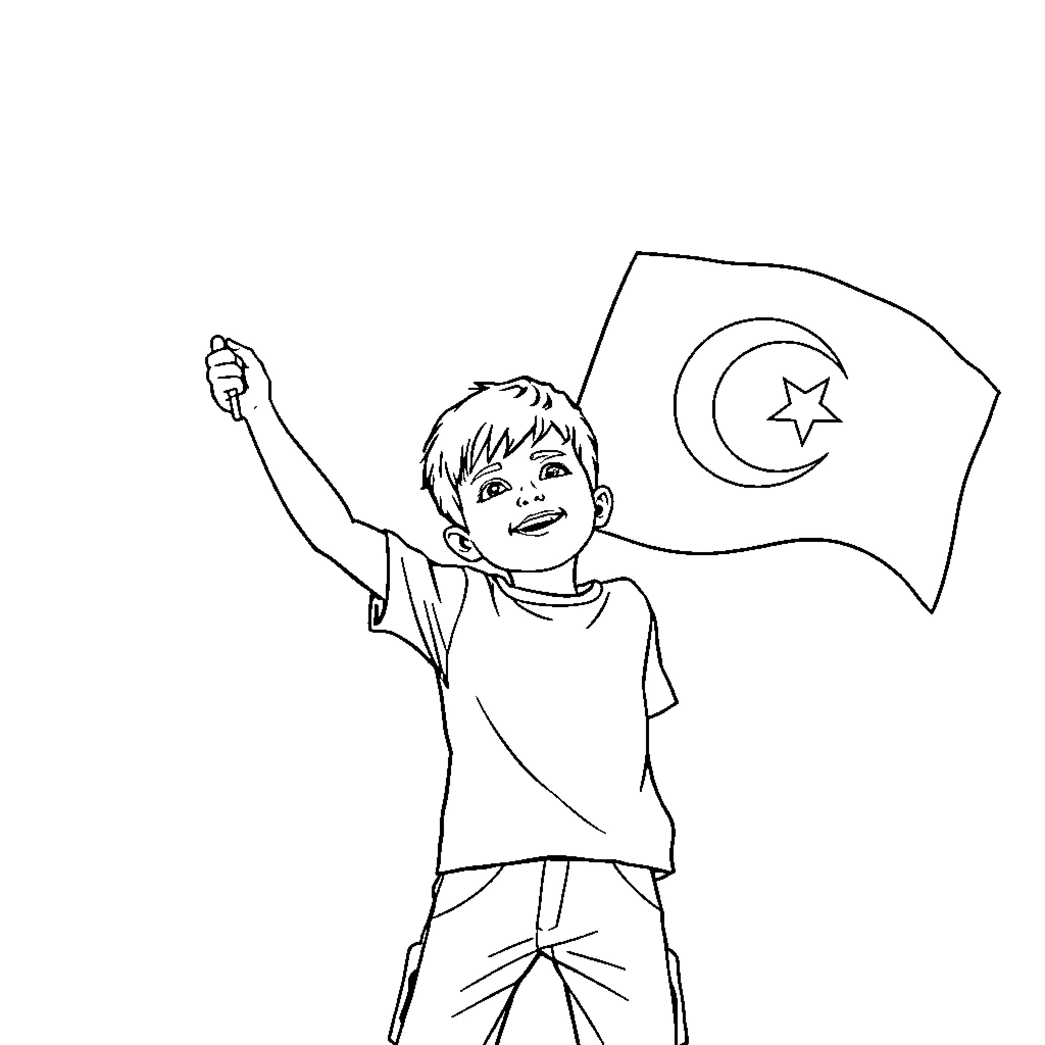 Kid waving flag with enthusiasm Coloring Page (free black-and-white line drawing printable PDF for all, from beginners to advanced learners, including children, teens, adults, and seniors)