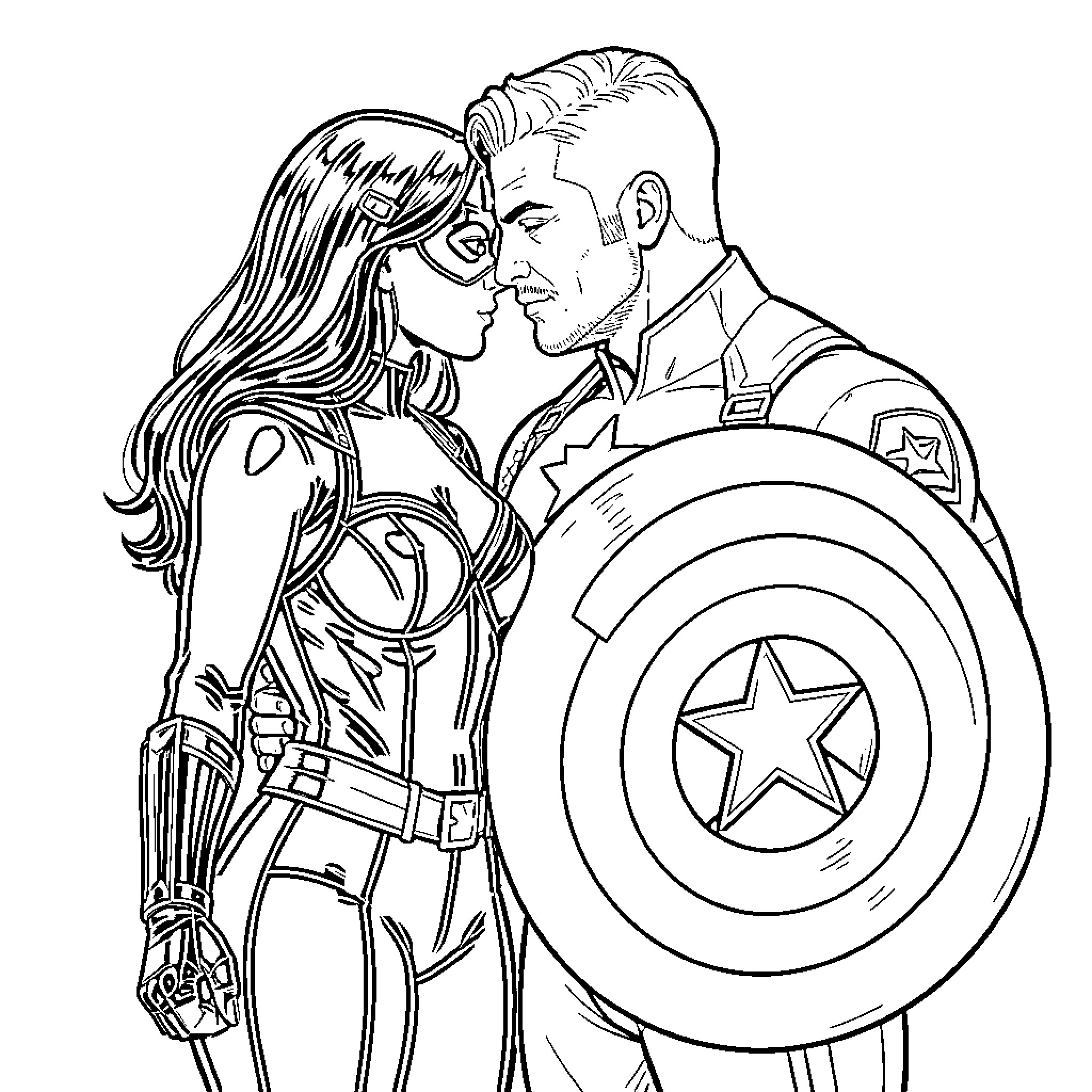 Black Widow and Captain America in a romantic pose Coloring Page (free black-and-white line drawing printable PDF for all, from beginners to advanced learners, including children, teens, adults, and seniors)