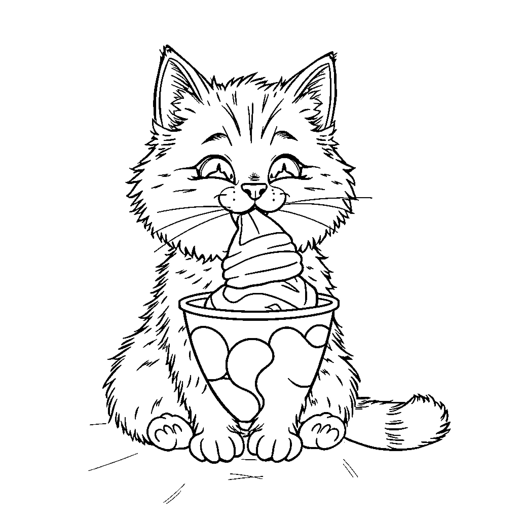 Cat playing with yarn in a bowl Coloring Page (free black-and-white line drawing printable PDF for all, from beginners to advanced learners, including children, teens, adults, and seniors)