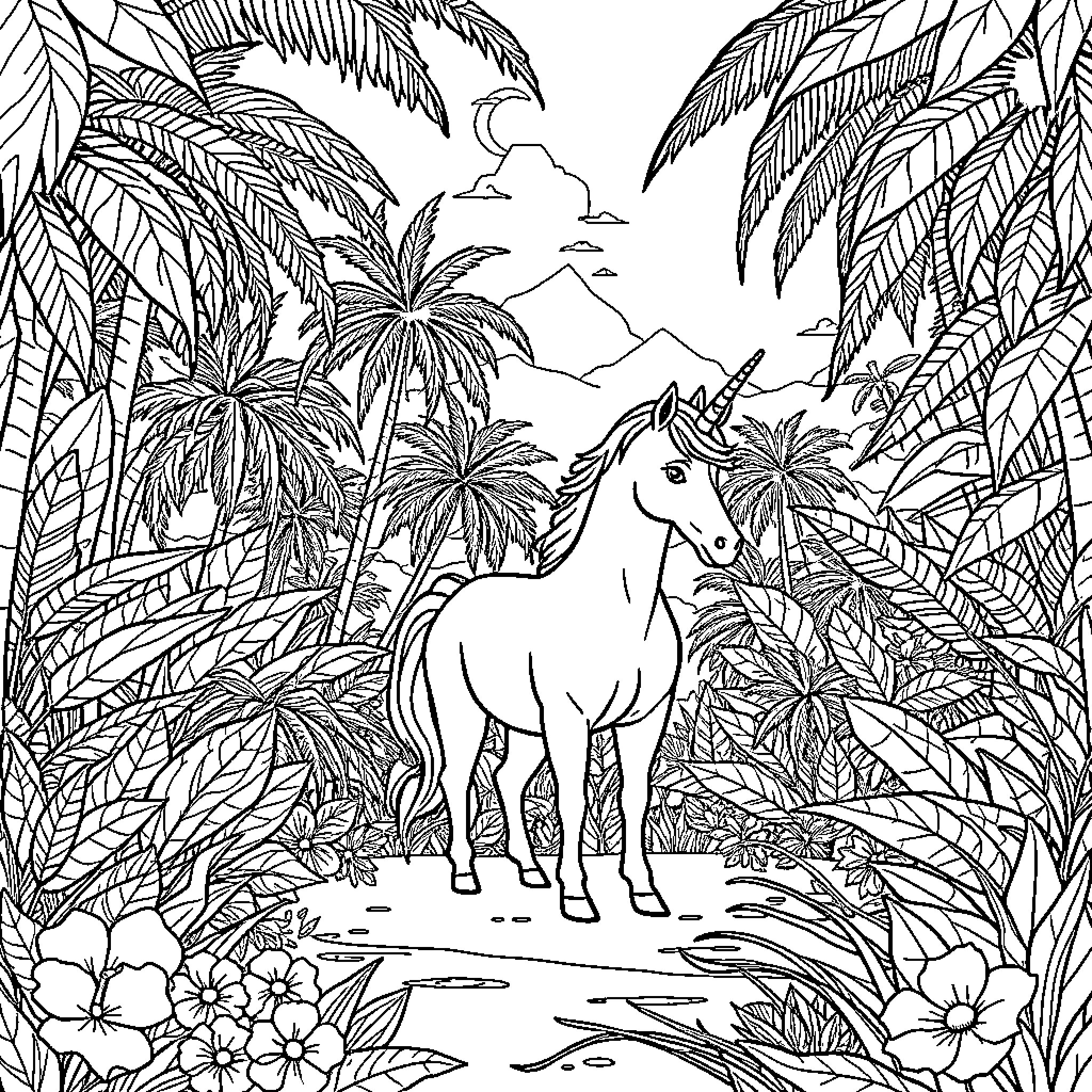 Unicorn in a Tropical Jungle Landscape Coloring Page (free black-and-white line drawing printable PDF for all, from beginners to advanced learners, including children, teens, adults, and seniors)