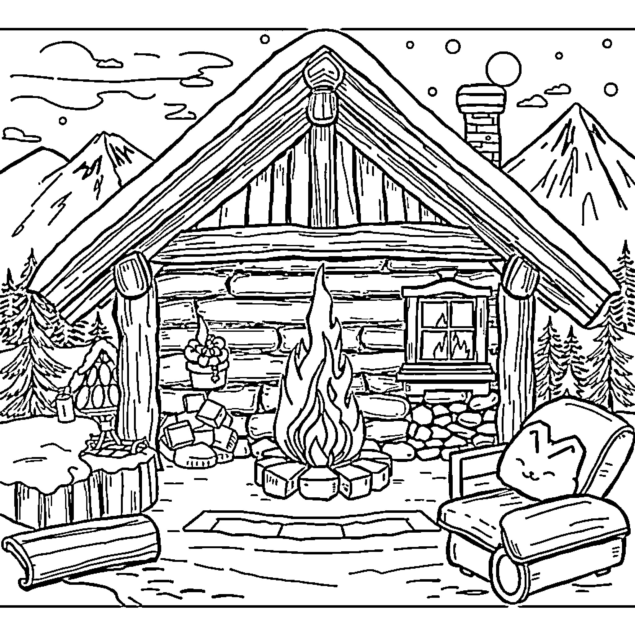 Chalet with Cozy Winter Campfire Scene Coloring Page (free black-and-white line drawing printable PDF for all, from beginners to advanced learners, including children, teens, adults, and seniors)