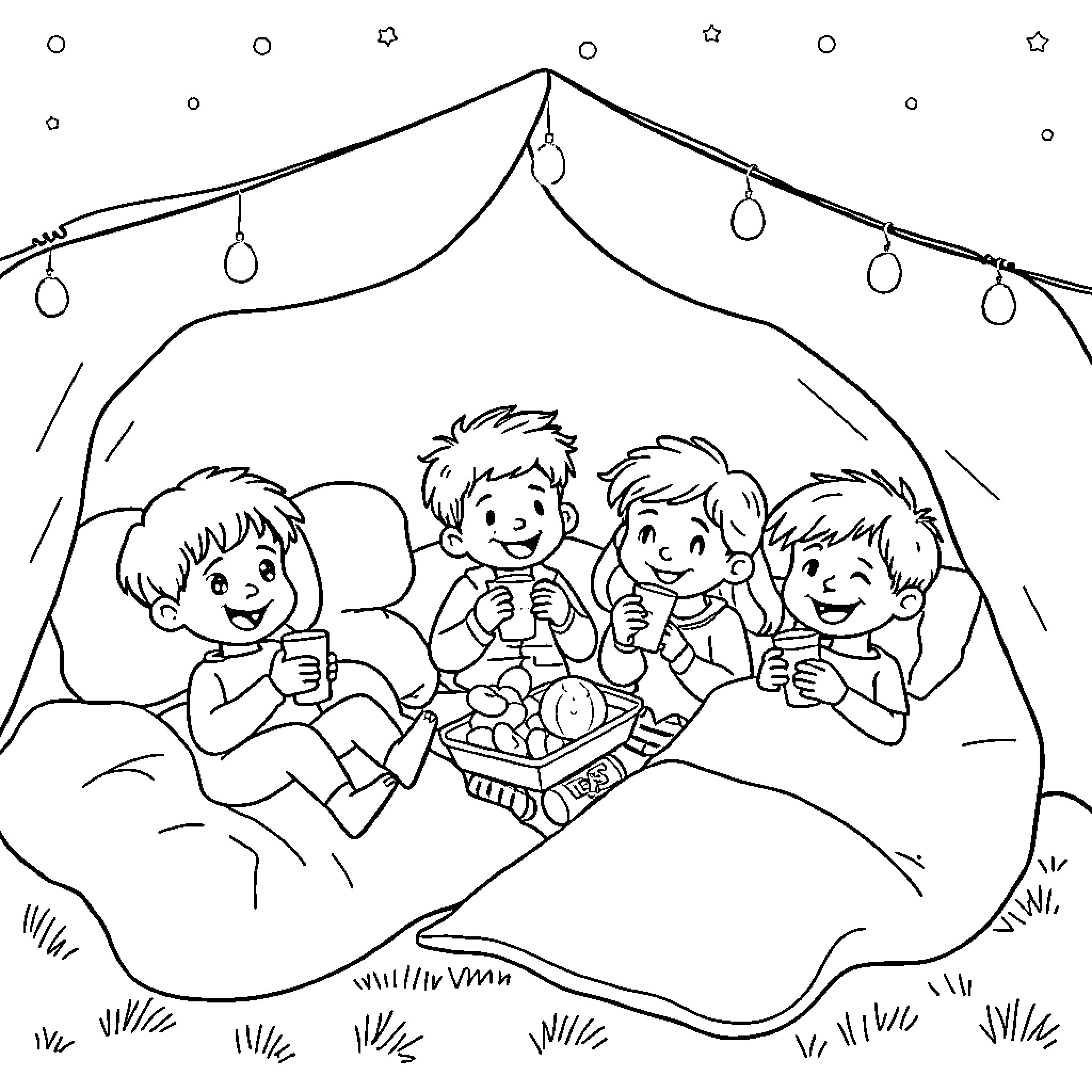 Person enjoying a campfire with friends in the night Coloring Page (free black-and-white line drawing printable PDF for all, from beginners to advanced learners, including children, teens, adults, and seniors)