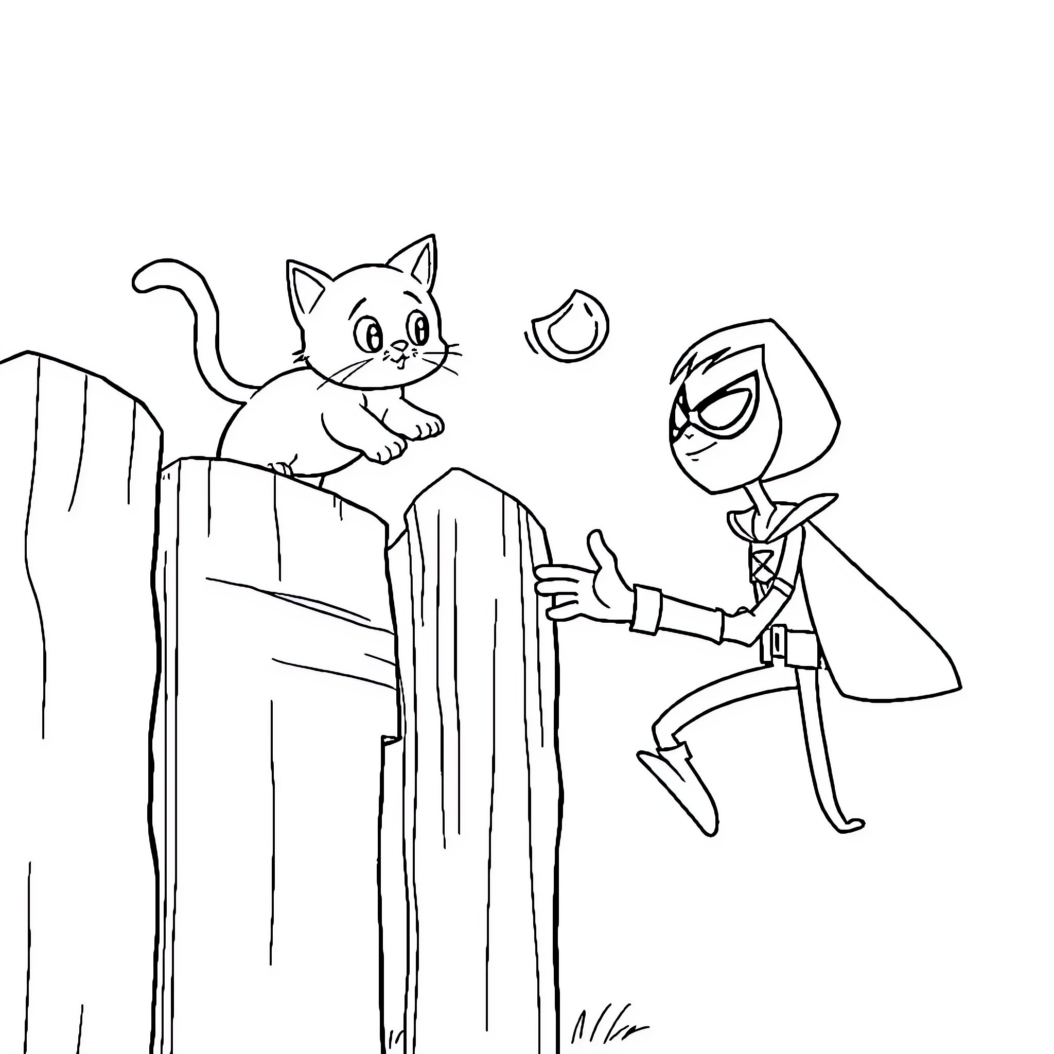 Cat and Superhero Playing Together in a Scene Coloring Page (free black-and-white line drawing printable PDF for all, from beginners to advanced learners, including children, teens, adults, and seniors)